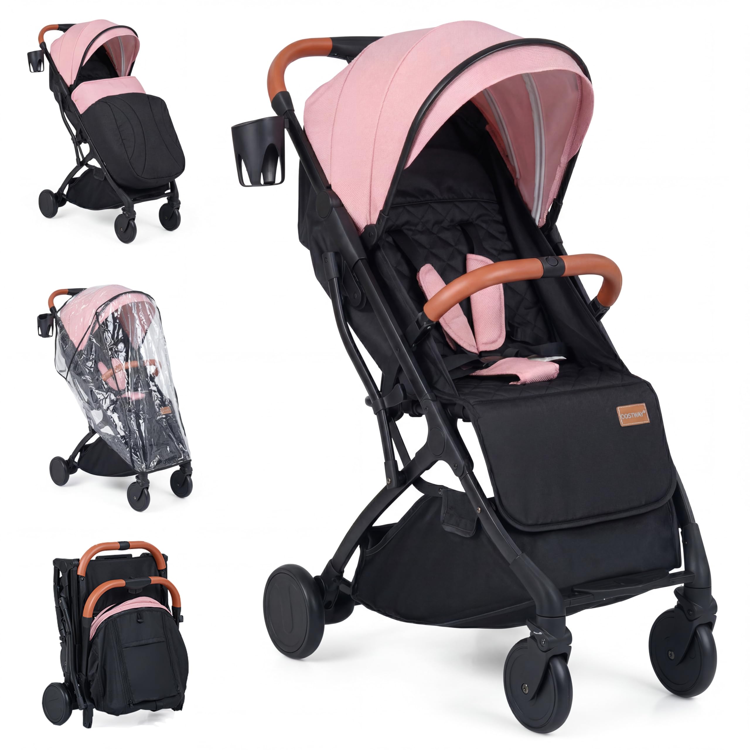 GIANTEX Silla de Paseo Ligera, Carrito Bebé Plegable con una Mano, Respaldo y Reposapiés Ajustables, Capota Extensible, Cubierta Impermeable, Cesta y Portavasos, Cochecito Bebé Compacto (Rosa)