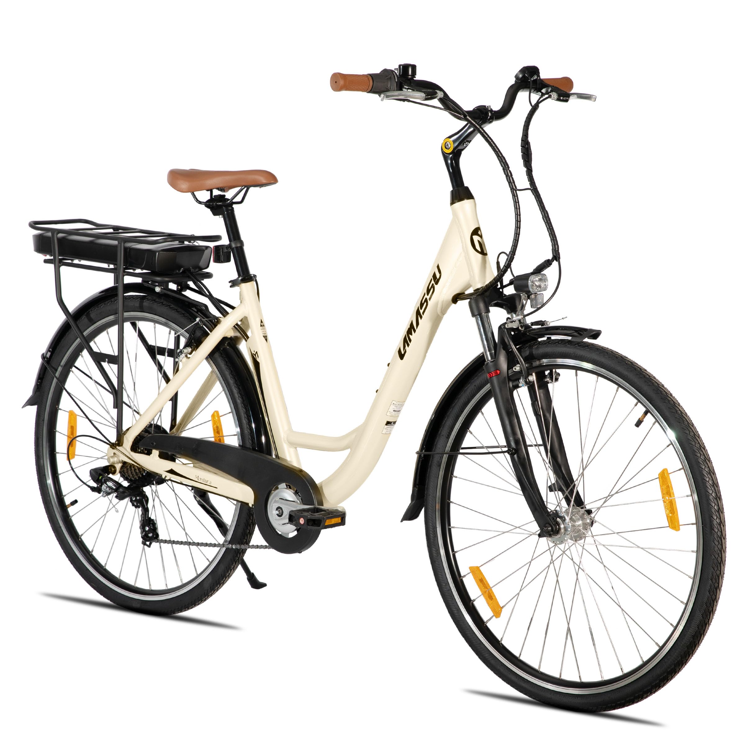 HILAND Montura E-Mountainbike 28 Zoll, Unisex Elektrofahrrad mit 250W Motor & 10,4Ah Akku, Aluminiumrahmen, Elektrofahrrad mit V-Bremsen, 7-Gang Schaltung, 700C Reifen, Urban & Trekking E-Bike, Beige Sport & Freizeit