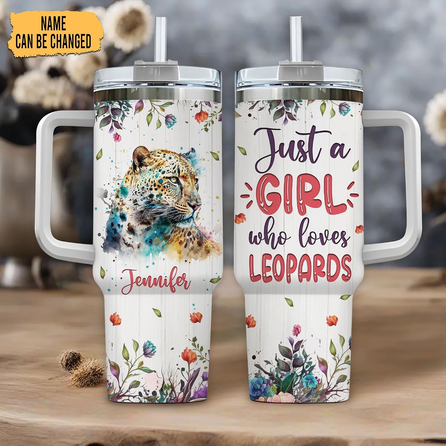 Hyturtle Personalized Gifts For Leopard Lover Tumbler 40oz with Handle and Straw - Stainless Steel Travel Coffee Cup With Lid - Cute Animal Lover Gifts For Women, Girl On Birthday Christmas