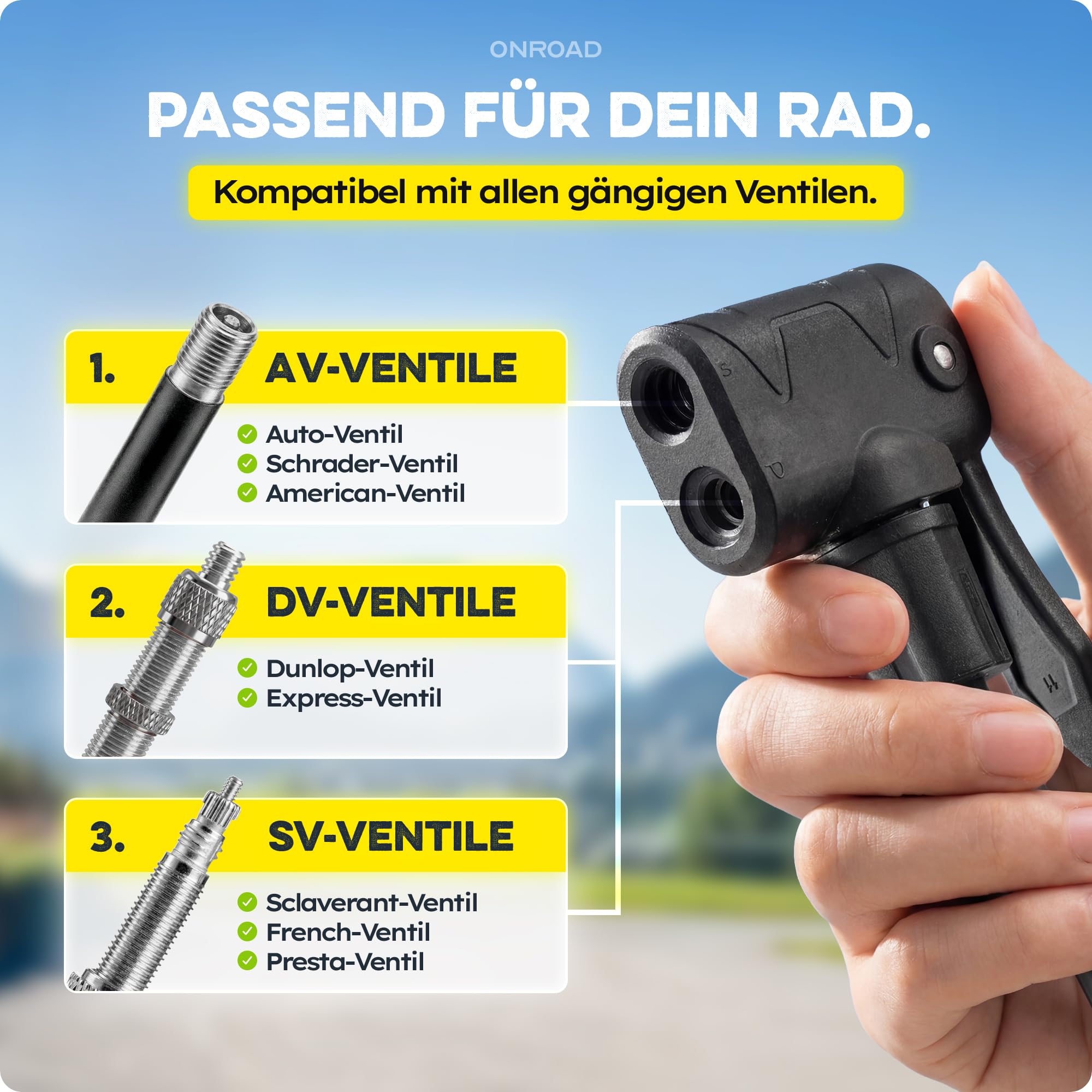 Fahrradpumpe alle Ventile (Presta/SV, AV, DV) – Luftpumpe Fahrrad ON‑AIR mit großem Manometer, Adaptern & Ballnadel, Leistungsstarke & hochwertige Standpumpe – Pumpe für Unterwegs & Zuhause