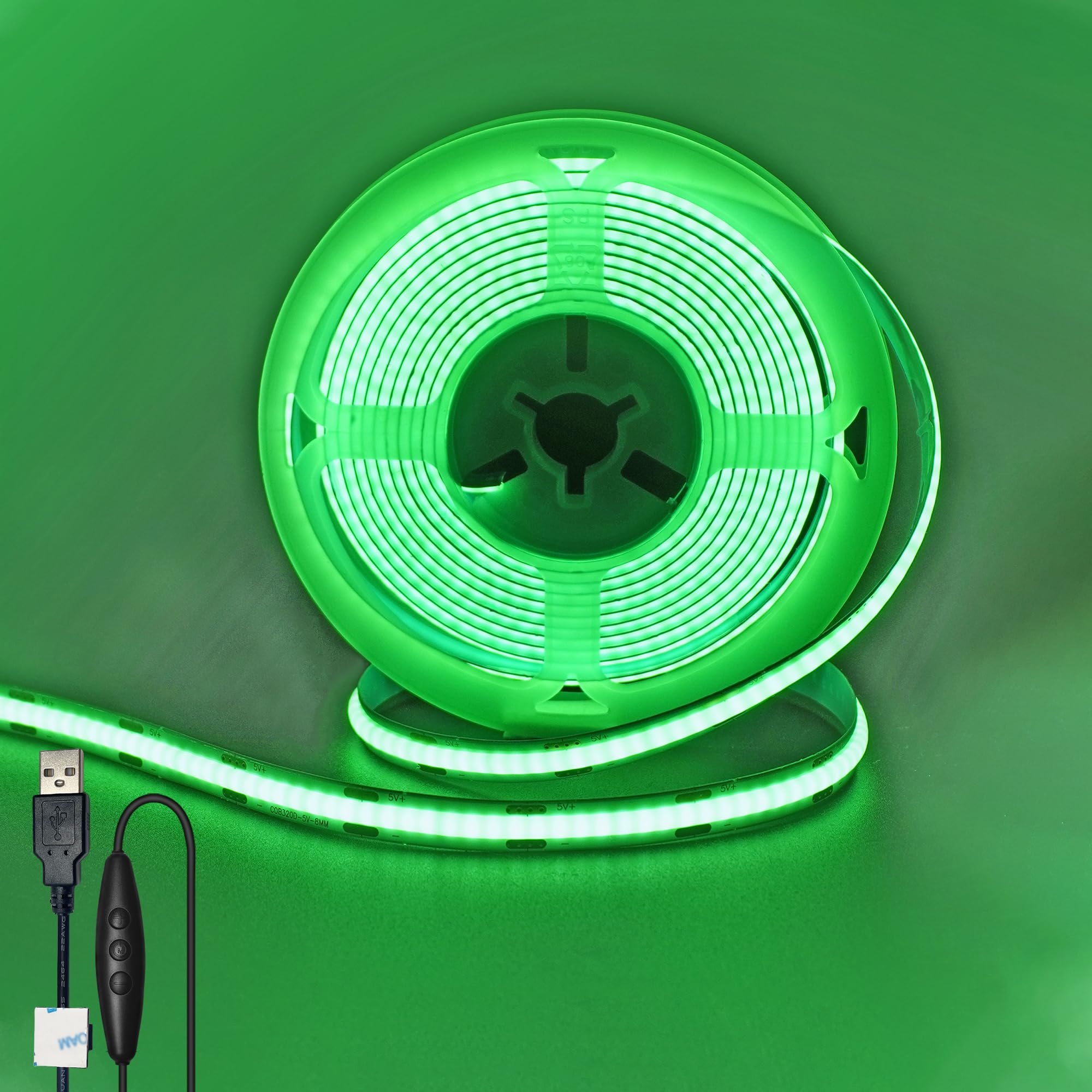 Clearhill 5V USB COB LED Strip Lights with Dimmable Switch,Green,8mm Width 320LEDs/m,8W/m,CRI90,9.84FT/3M,Electroplated Double-Sided Panel Light Strip,Waterproof IP20,for Indoor Decoration