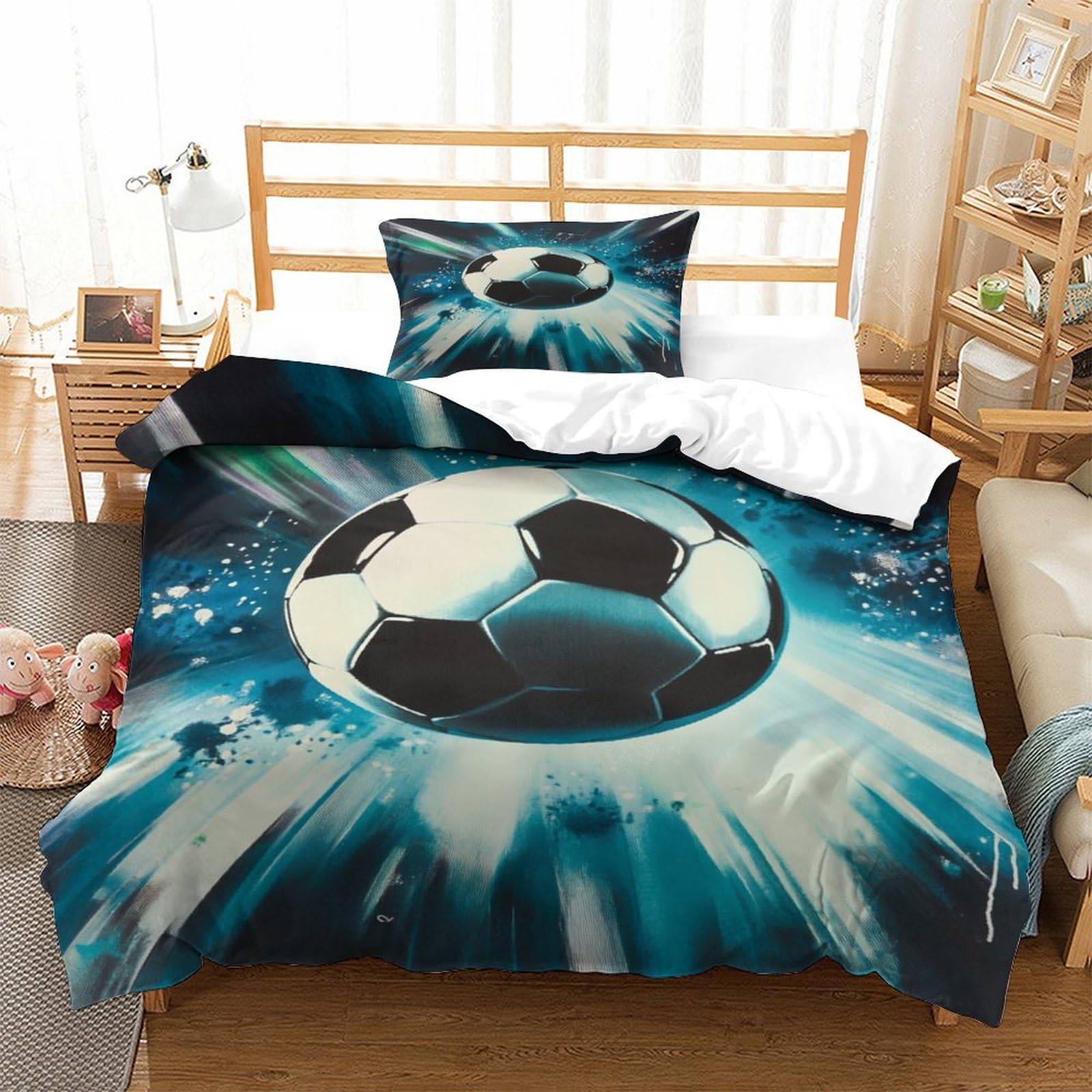 P1S9U7W5Y Dynamic Soccer 3D Printed Duvet Cover Set 3pcs Microfiber Sports Theme Bedding Set Single（135x200cm）