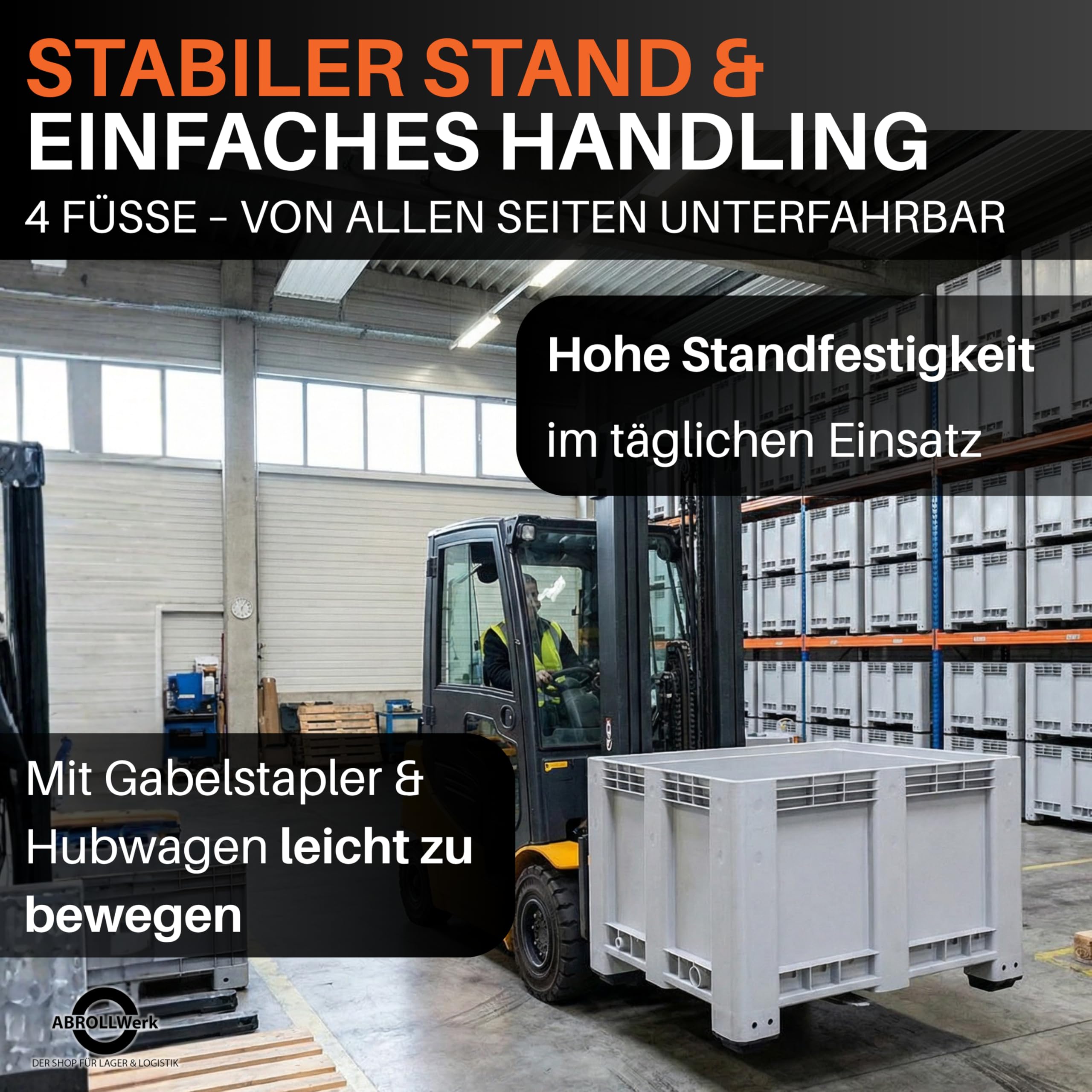BP Bigbox Palettenbox 1200x1000x760 mm mit Deckel – 570 Liter Volumen geschlossen – Robuste Materialbox aus HDPE mit 4 Füßen – Kunststoffbox für Industrie & Lager