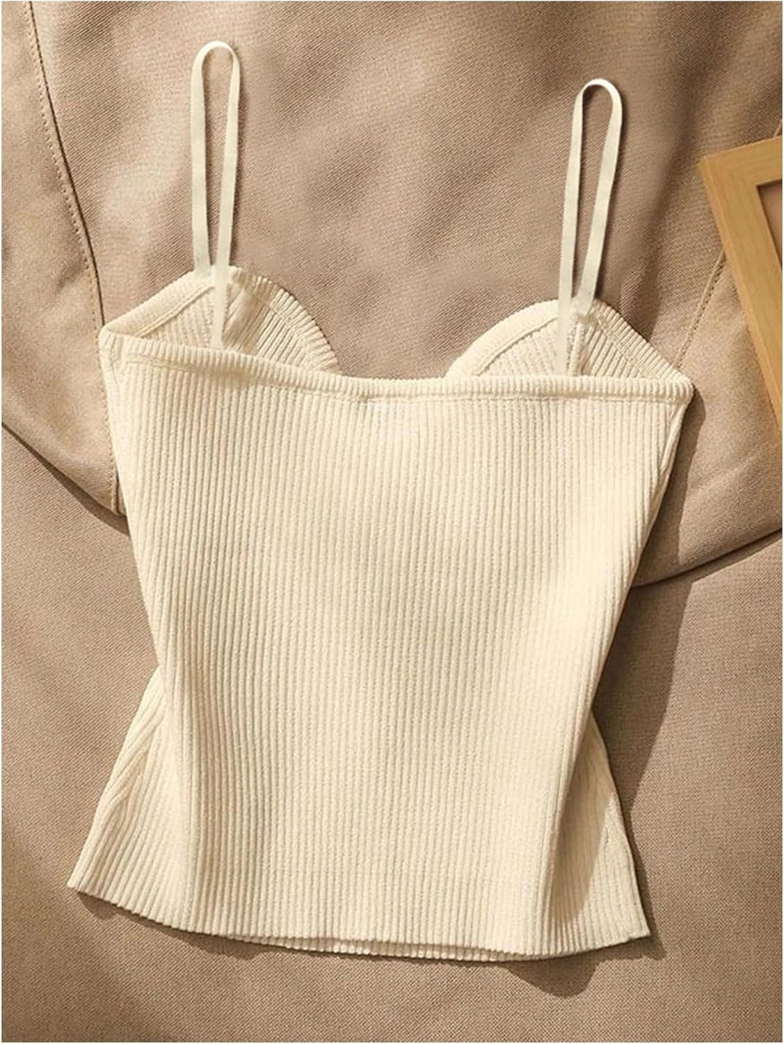 OYOANGLE Women's Ribbed V Neck Cami Top Metal Decor Spaghetti Strap Fitted Dressy Tops Beige Medium - Image 3
