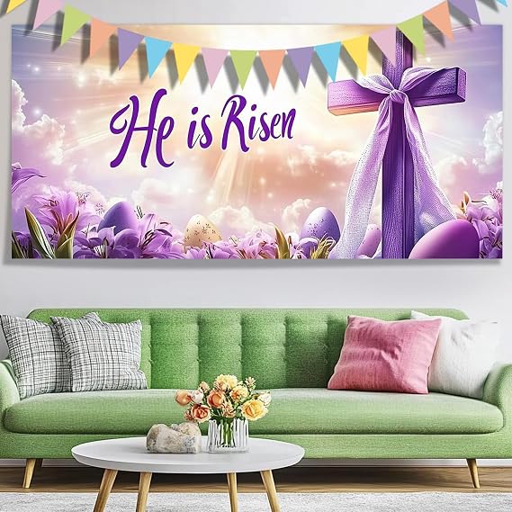 Easter Garage Door Cover, He Is Risen Easter Spring Garage Door Decoration, Easter Garage Door Banner Backdrop for Wall Door Decoration