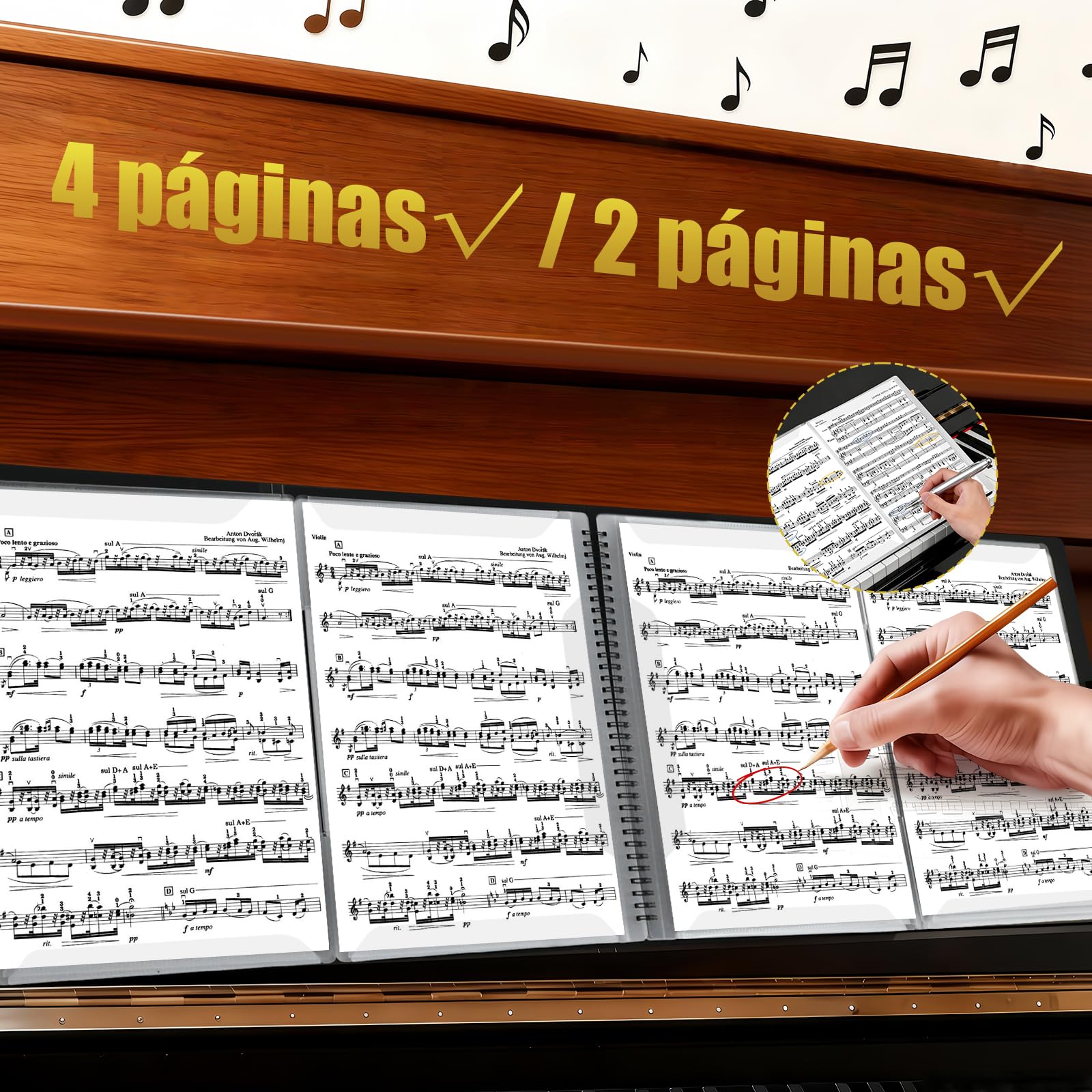 Irich Carpeta de notas musicales A4, carpeta de 15 bolsillos/60 páginas para partituras, impermeable y plegable, carpeta de notas desplegable en negro, carpeta de registro para documentos, papel