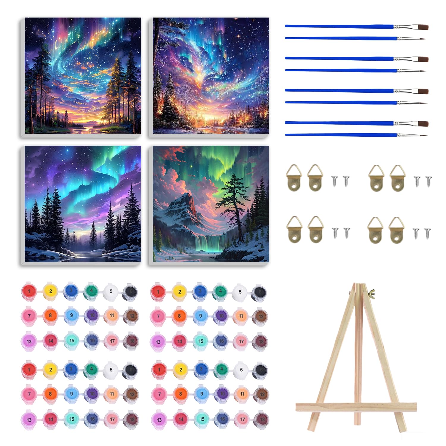 PHANTASYART 4 Pack Paint by Numbers for Adults with Frame-Aurora Painting by Numbers for Adults with Wooden Easel,Landscape Adult Paint by Numbers for Gifts and Home Wall Decor 8x8in