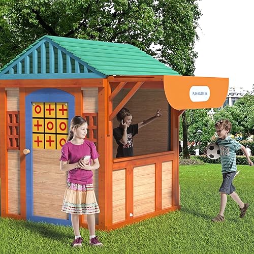 Casa de juegos al aire libre para niños de 3 a 8 años, casa de juegos de madera con 4 ventanas de toldo de juegos, pared de bola y tetris. Casa de