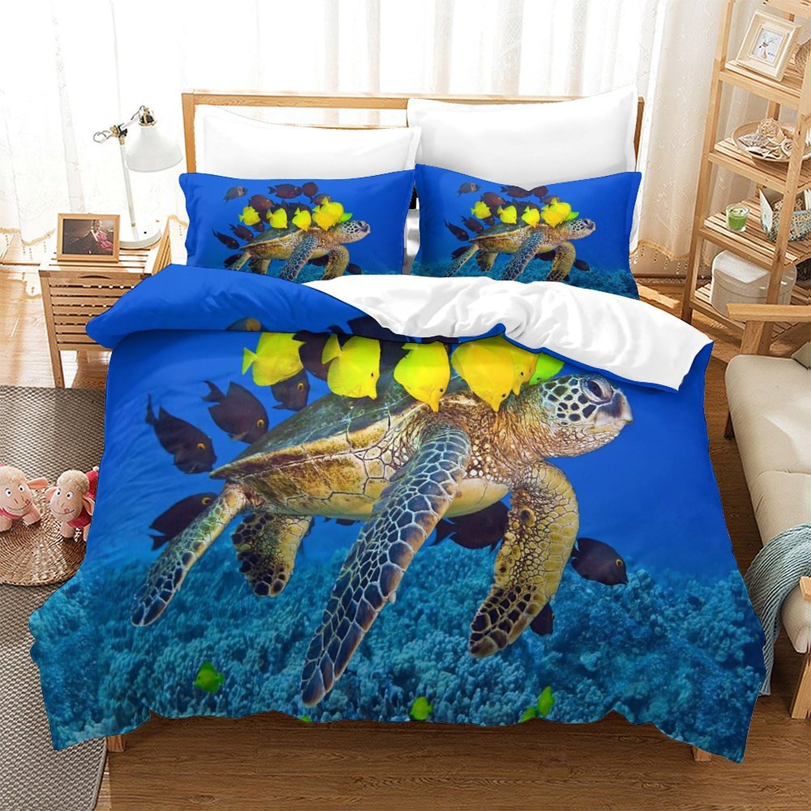 P1S9U7W5Y Oceanic Blue 3D Printed Turtle Duvet Cover Set 3pcs Microfiber Sea Bedding Set King（220x240cm）