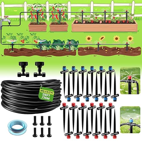 Sistema de riego por goteo de 118 pies, sistema de riego de conector rápido actualizado 2025 para jardín, boquillas ajustables, sistema de riego de