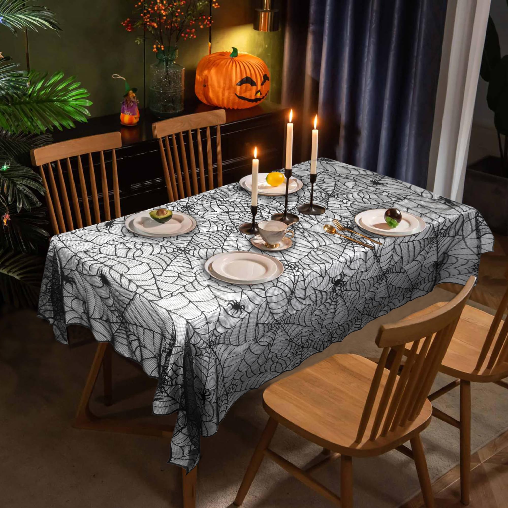 Creaher 60X84in-Spiders Tablecloth Halloween Spider Web Tablecloth - 60X84in Black Lace Table Topper Halloween Bat Cobweb Pumpkin Table Cover Fireplace Scarf Table Cloth For Halloween Party Buffet Table Door Window Decor
