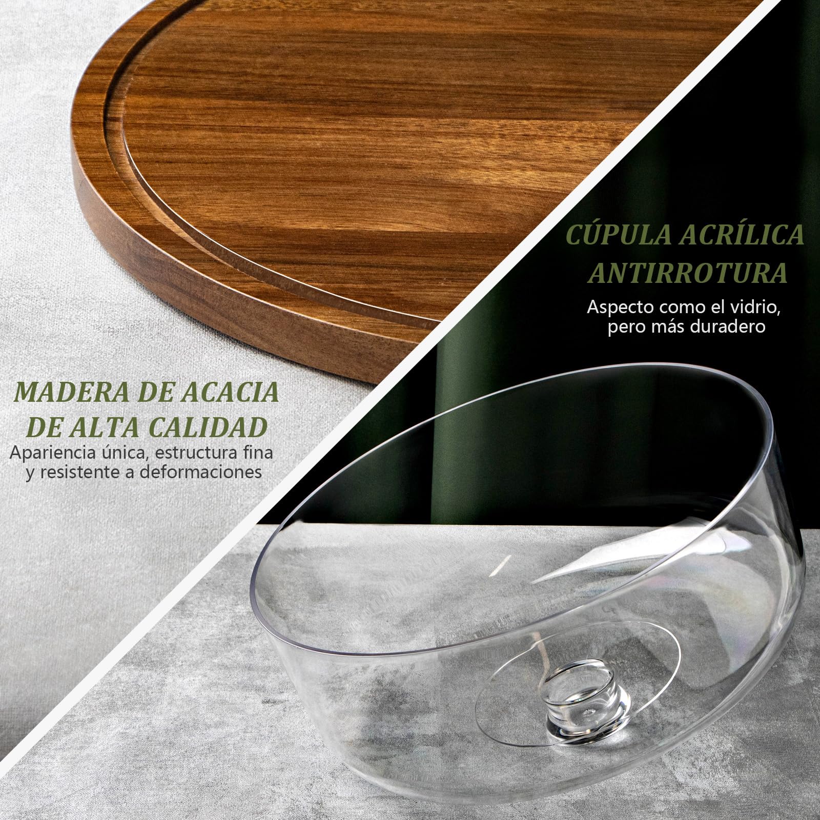 ANBOXIT Soporte Para Tartas con Tapa, Porta Tartas Madera de Acacia con Acrilico Cupula, Pedestal Soporte de Tarta con Tapa, Expositor Tartas (Plano)