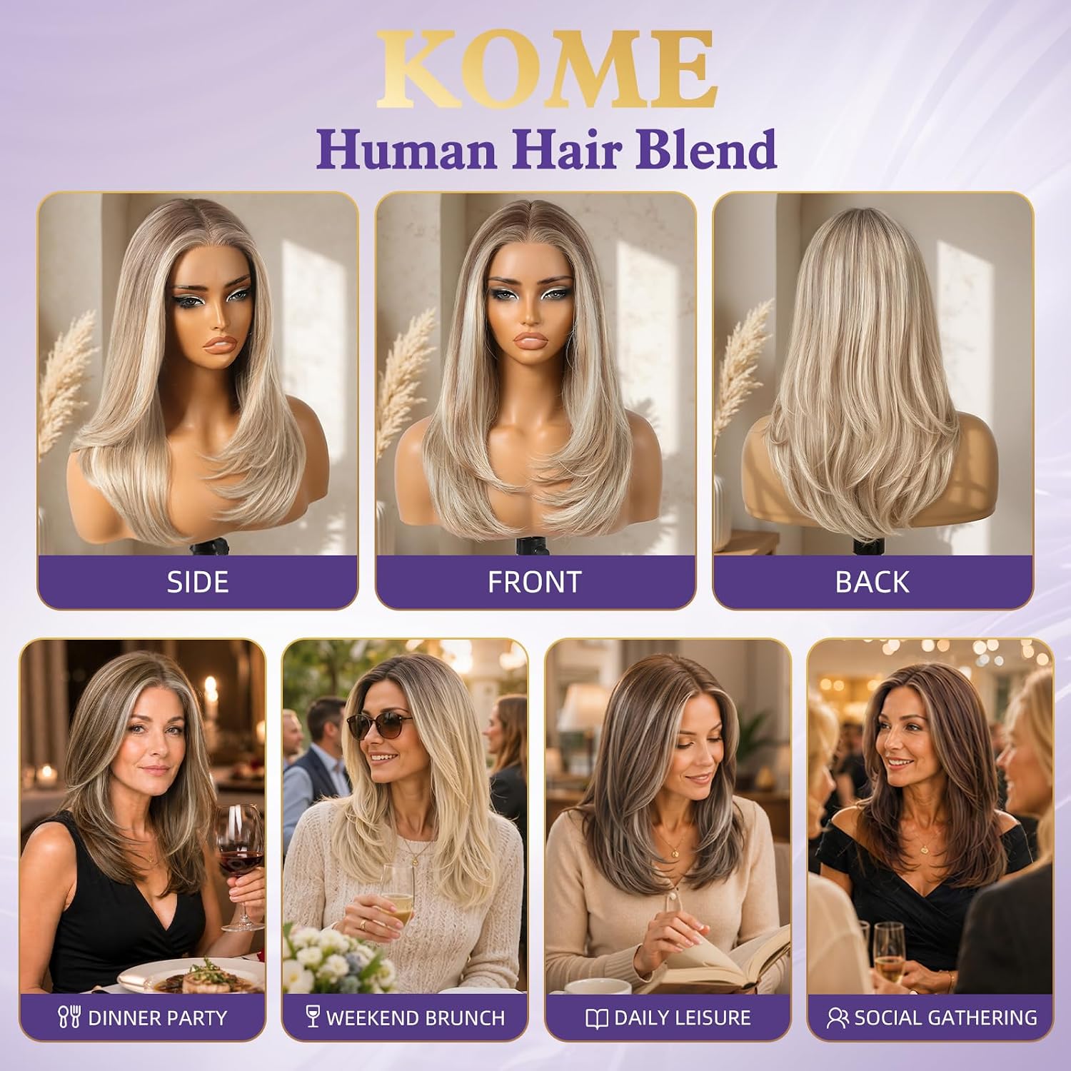 KOME Blonde Highlight Human Hair Wig Blend,Blonde Highlight Lace Front Wig, T Part Glueless Wigs for Women Daily Use 18IN（#TT416825）