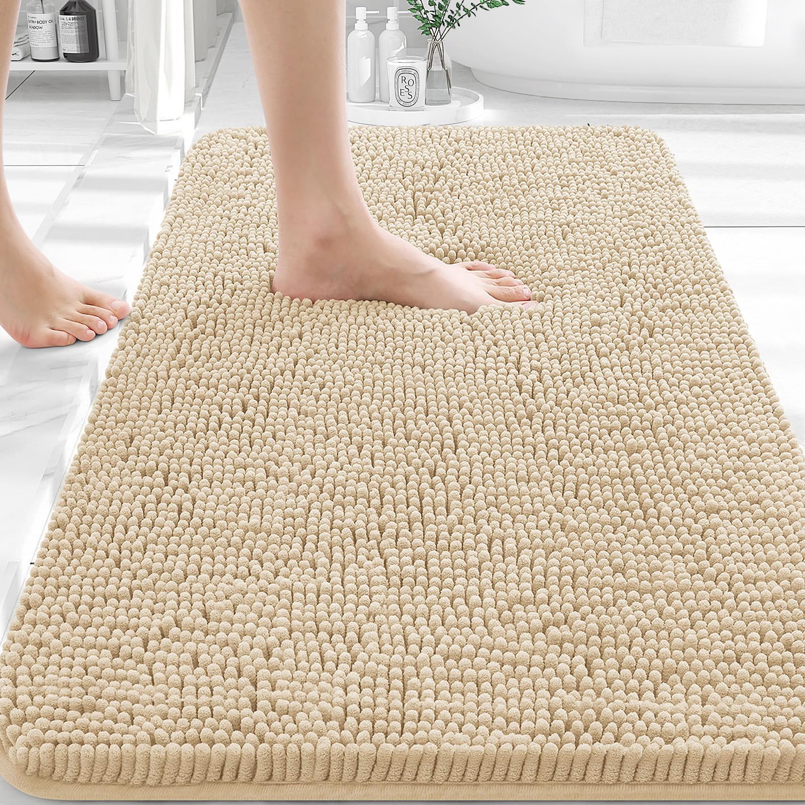 OLANLY Bathroom Rugs 30x20, Extra Soft Absorbent Chenille Bath Rugs, Rubber Backing Quick Dry, Machine Washable Bath Mats for Bathroom Floor, Tub and Shower, Home Decor Accessories, Beige