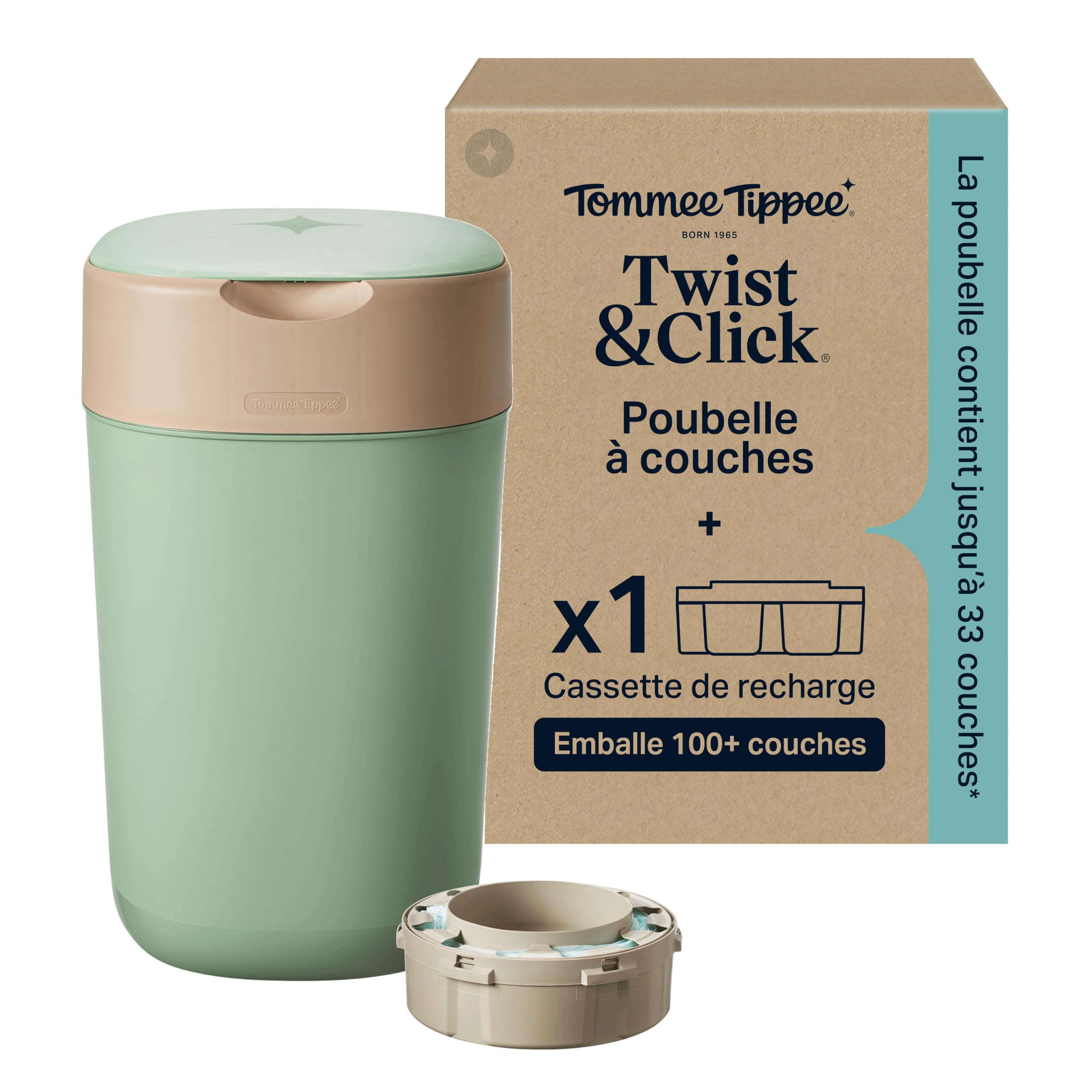 Tommee Tippee Poubelle à Couches Twist & Click, + 1 Recharge 10.5m, Vert