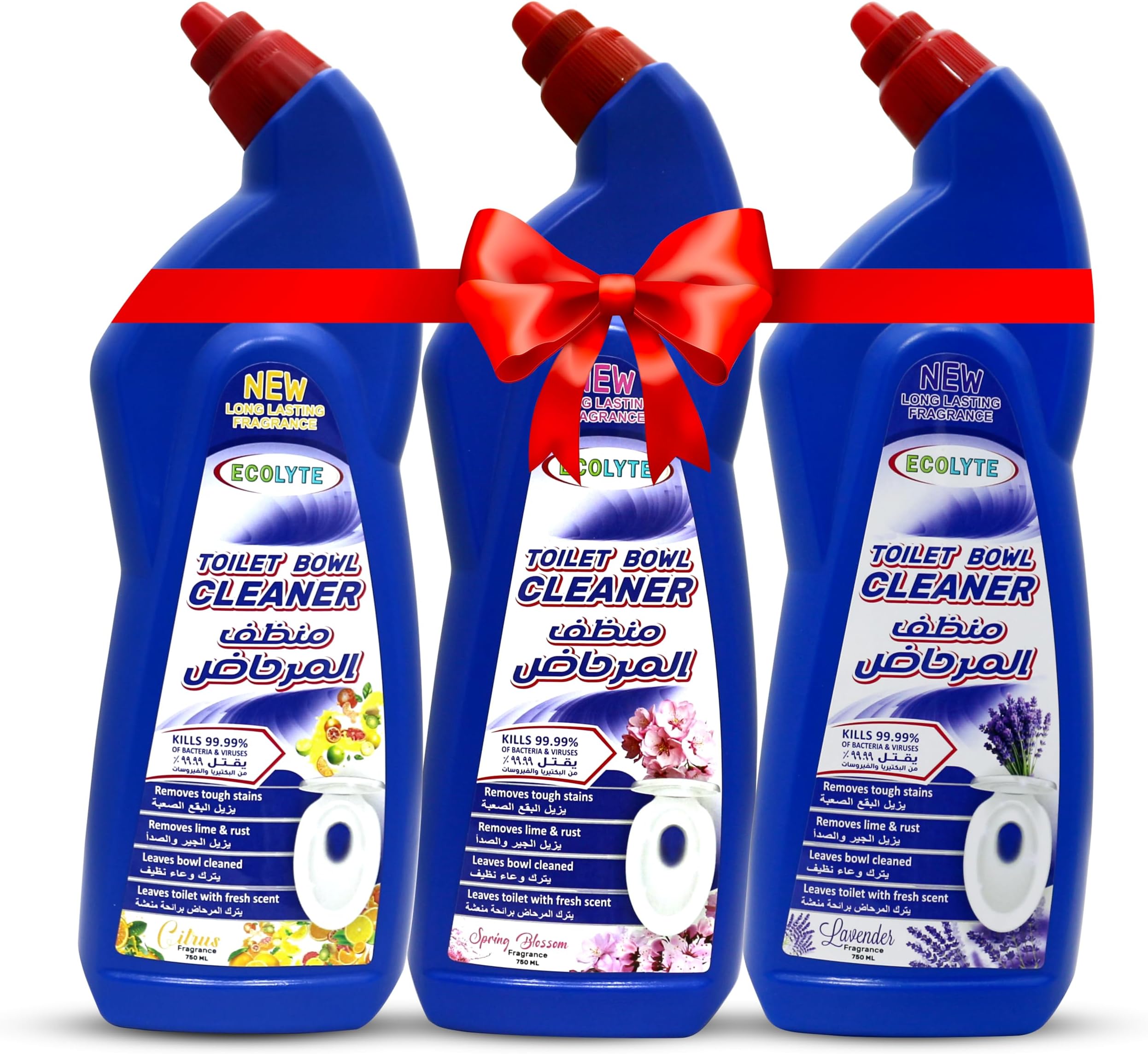 ECOLYTE+ Toilet Bowl Cleaner - Long Lasting Fragrance, Removes stains, lime & rust, leaves bowl cleaned & fresh, Kills 99.99% Germs & Bacteria [Spring Blossom, Lavender & Citrus] - (750 ml, Pack of 3)