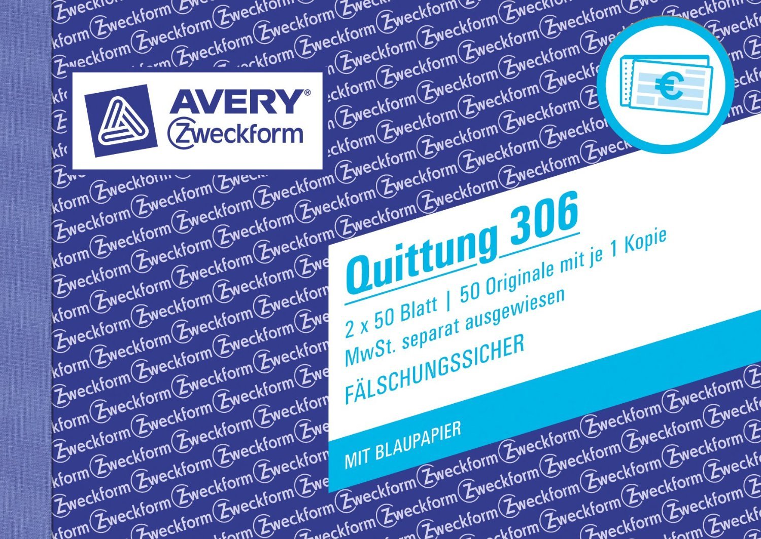 AVERY Zweckform 306 Quittungsblock (A6 quer, 2x50 Blatt, mit Durchschlag, fälschungssicher, separat ausgewiesene MwSt., für Deutschland und Österreich) weiß (20 Stück | mit MwSt)