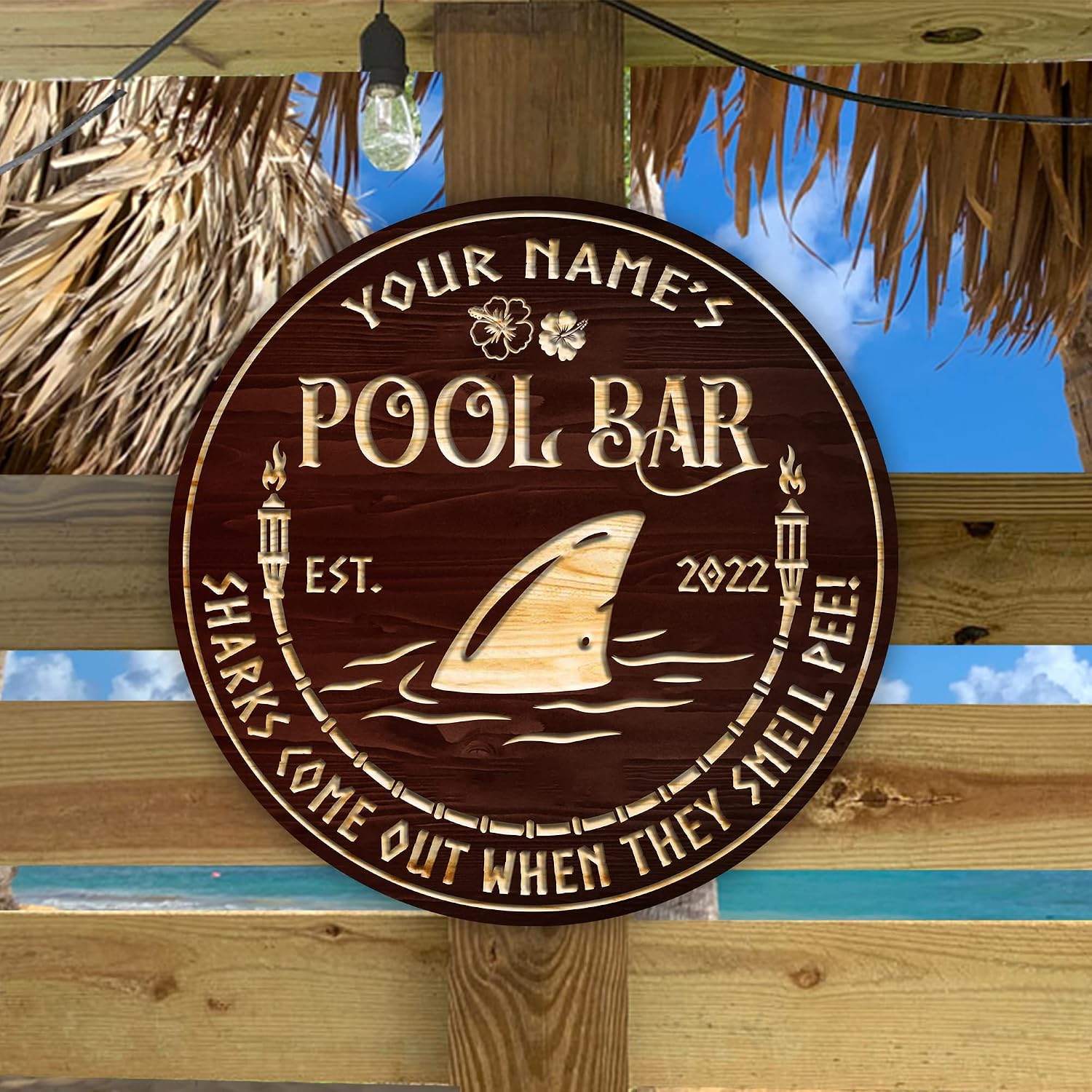 Artsy Woodsy Personalized Pool Decor Wood Sign (Not Carved or Neon) Wall Art Plaque, Tropical Summer Decor, Poolside Area Backyard Bar & Grill Patio Deck Tiki Bar Outdoor Outside Accessories (13)