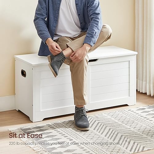 Miniatura 2 de VASAGLE Baúl de almacenamiento, banco de almacenamiento con 2 bisagras de seguridad, estilo casa de campo, 15.7 x 39.4 x 18.1 pulgadas, para Blanco