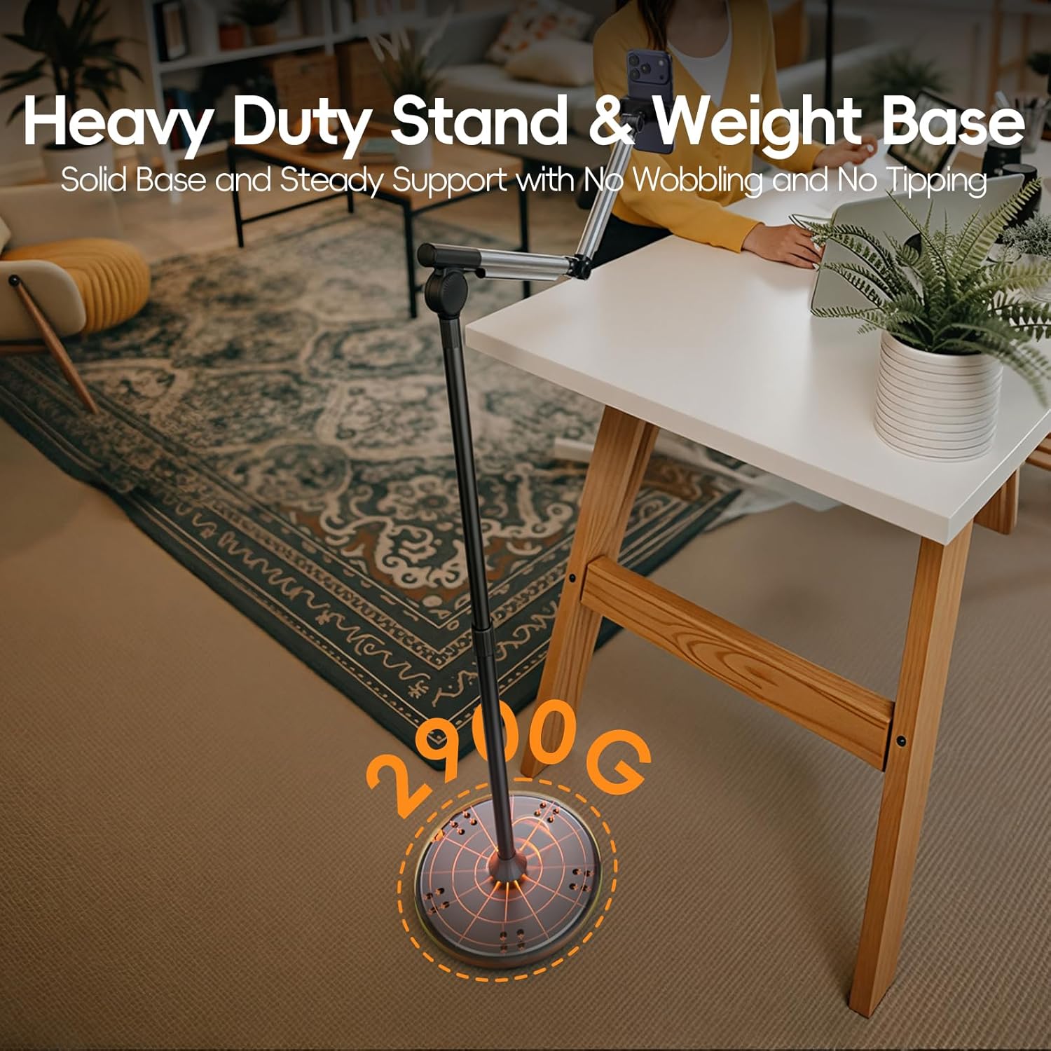 Floor Phone Stand for Recording, Overhead Phone Mount with Wheels and Weight Base, Free Rotation Aluminum Digital Heavy Duty Stand with Adjustable Angles & Height for Content Creation