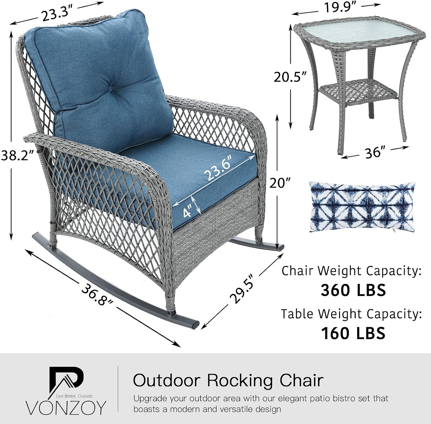 Patio Furniture Set 3 Pieces, Wicker Rocking Bistro Set with Thick Cushions, Outdoor Rocker Chairs and Coffee Table for Porch, Backyard or Garden (Blue)