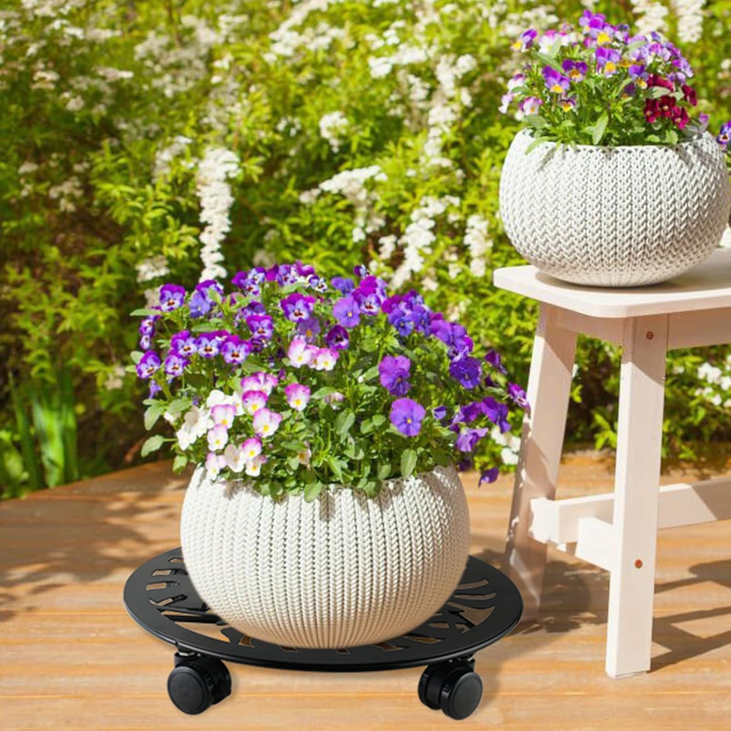 3 Packs Metal Plant Caddy with Wheels 13” Rolling Plant Stands Heavy-duty Wrought Iron Plant Roller Planter Movers Indoor Outdoor Wheeled Plant Dolly with Casters Tray Coaster, Black palm leaves