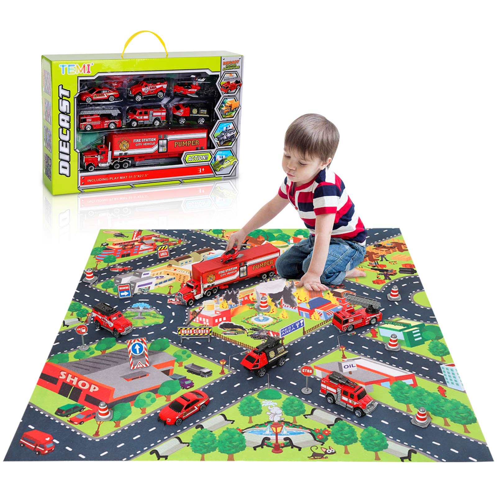 Buy TEMI Diecast Emergency Fire Rescue Vehicle Toy Set w/ Play Mat, Truck Carrier, Water Cannon