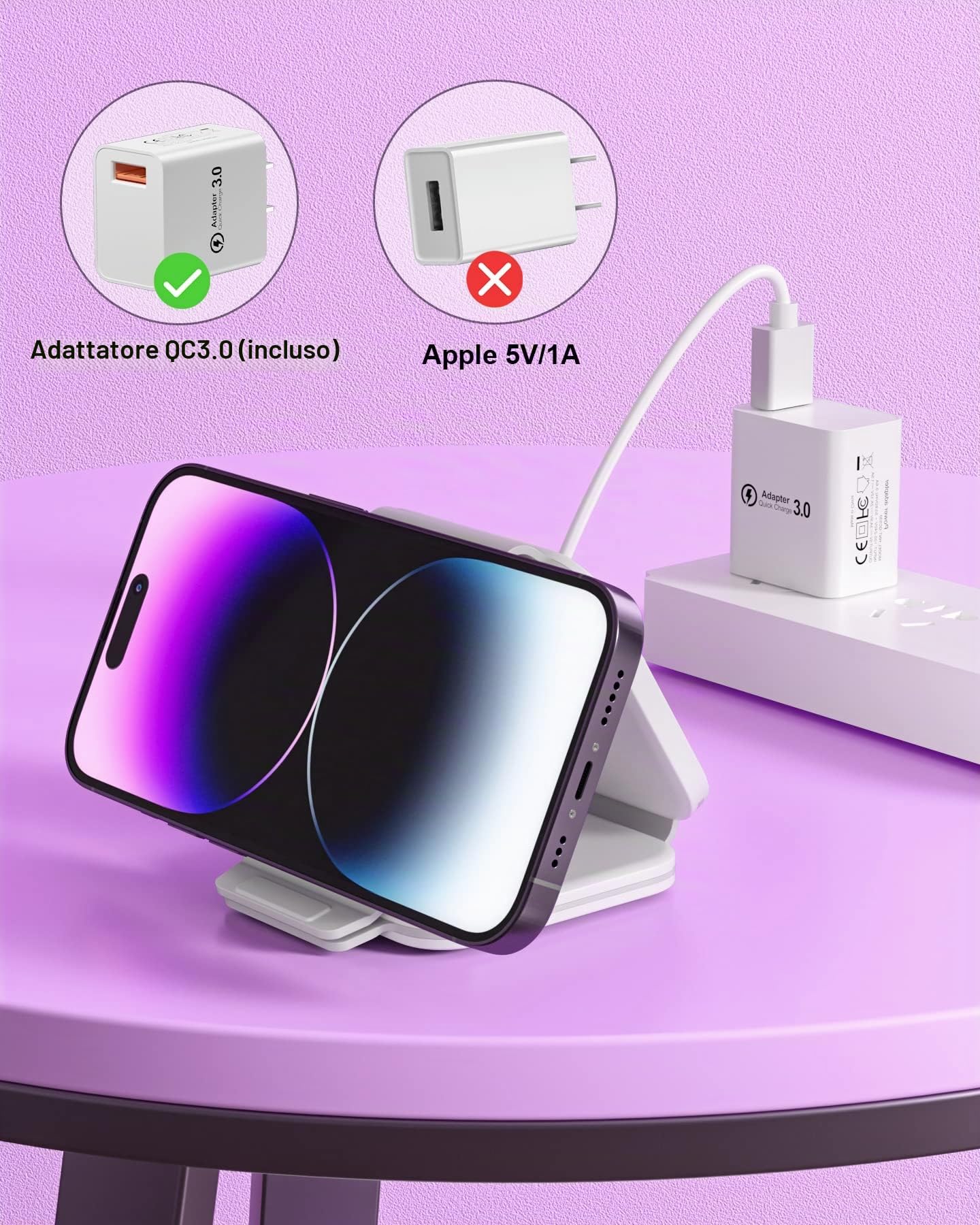 Stazione di ricarica magnetica senza fili 3 in 1, caricatore Mag-Safe, pieghevole portatile pad di ricarica wireless per iPhone 15/14/13/12/11/XR/XS/8,Samsung S22/21/20 iWatch AirPods (Bianco)