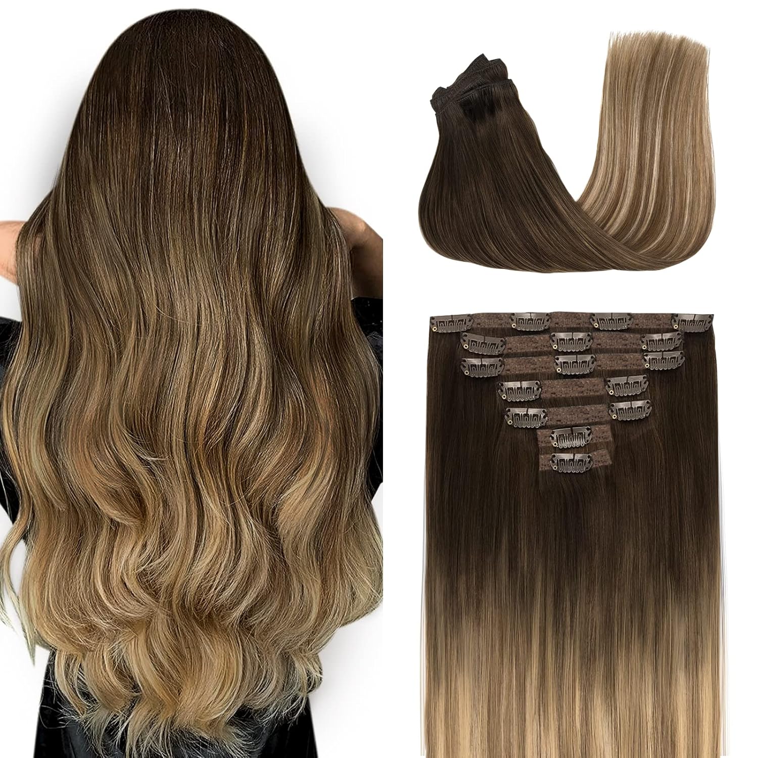 Real Hair Extensions Clip in Human Hair, Seamless Clip in Hair Extensions Real Human Hair, 16 Inch Clip ins extensions for women, Natural Black 120G 7Pcs