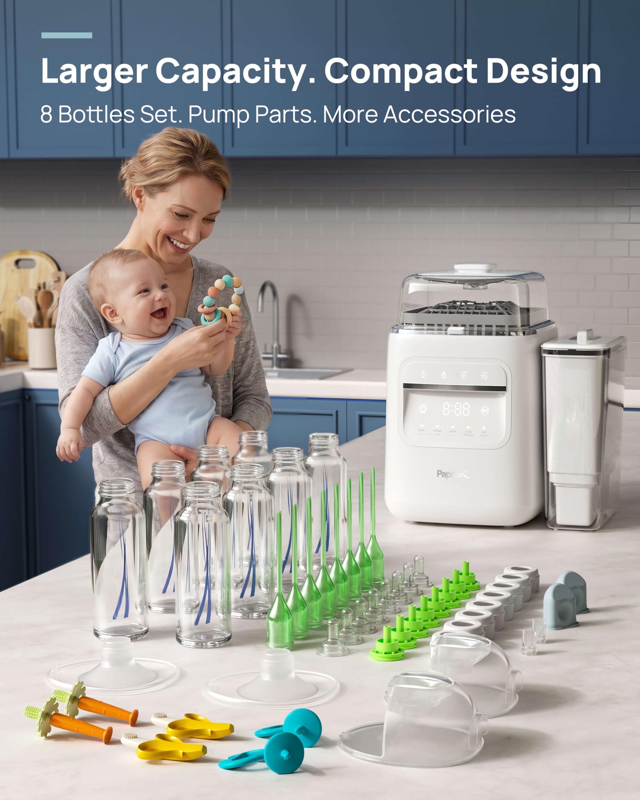 Papablic SafeguardPlus Lave-biberons avec système de purification d'eau, capacité de 8 bouteilles, laveuse de biberon 5 en 1, stérilisateur et sèche-linge pour bouteilles, pièces de pompe, essentiels