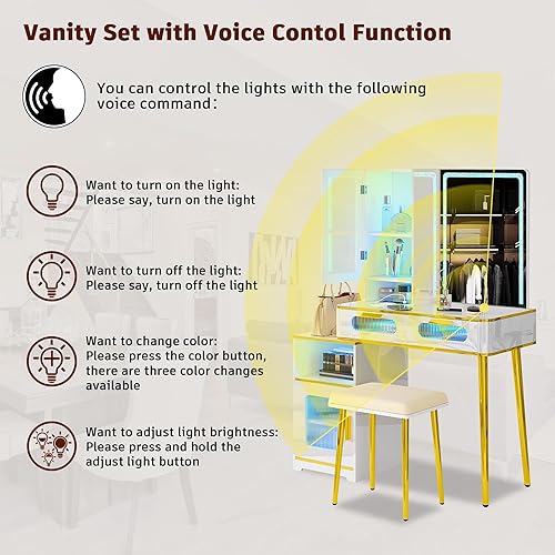 Miniatura 4 de Escritorio LED con espejo y luz, escritorio de maquillaje con estación de carga 3 en 1, juego de tocador con taburete tapizado, mesa de maquillaje