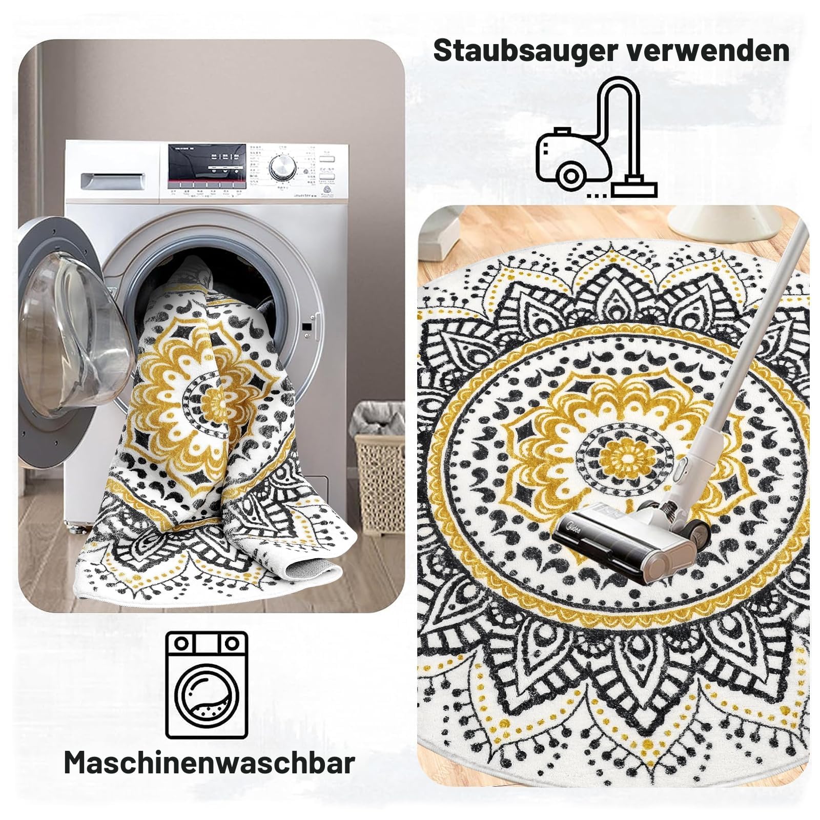 Pauwer Runder weicher Teppich, waschbar, rutschfest, für Wohnzimmer, Schlafzimmer, Bodenteppich, Teppich (gelb, 160 cm)