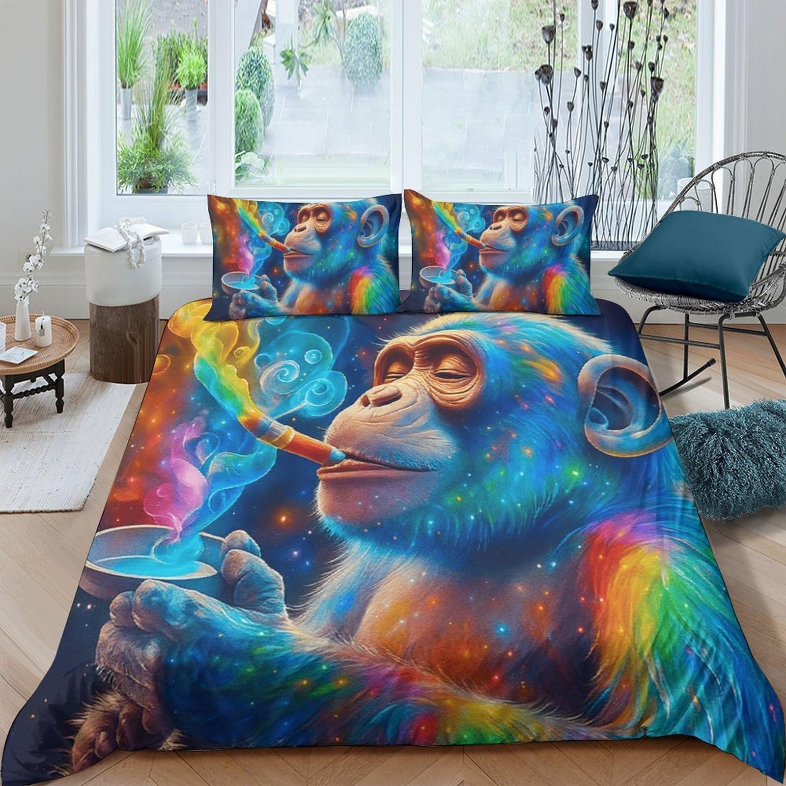 Ctjqhvkz Style-10 3D Printed Colorful Monkey Art Fitted Sheet Microfiber Soft Breathable Psychedelic Smoking Mattress Cover For Bedroom Decor Single（135X200cm）