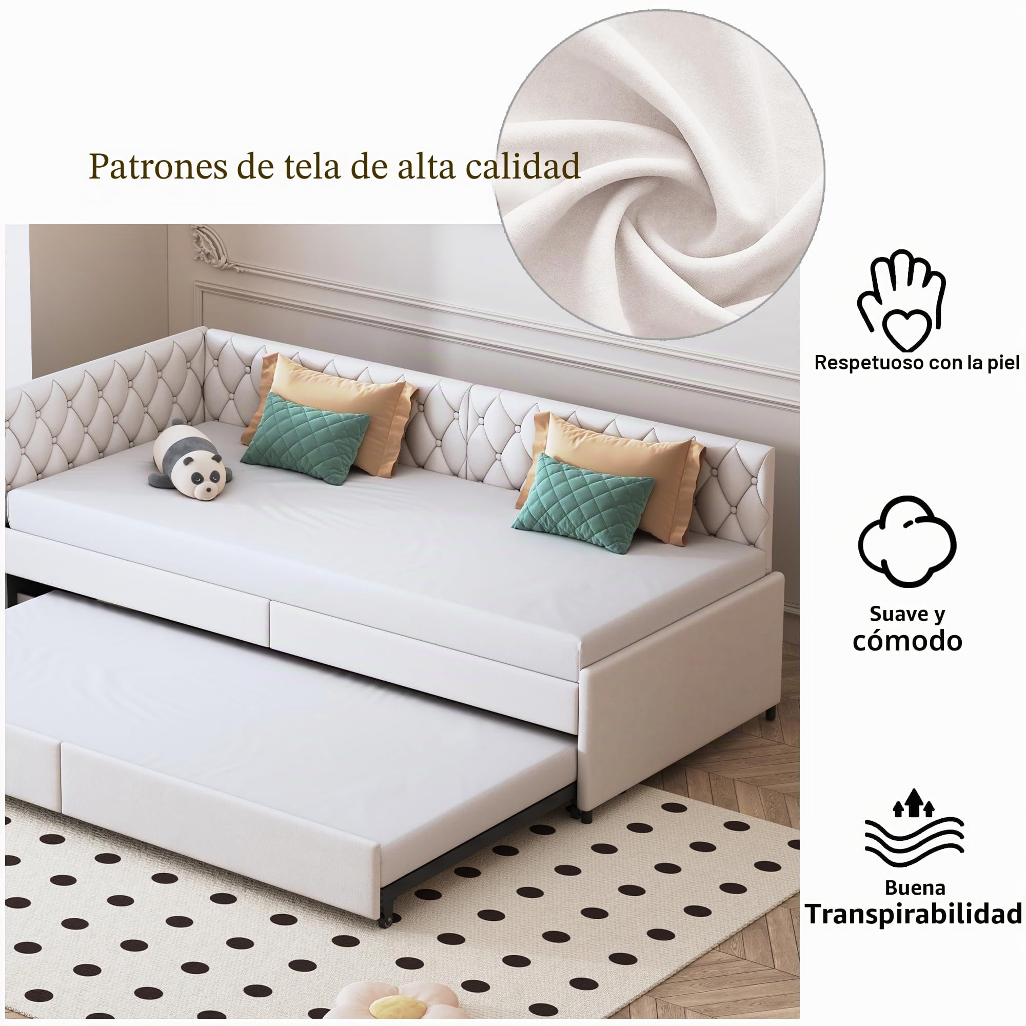 Sofá cama de 90 x 200 cm, sofá cama multifuncional con cama nido, sofá cama doble con somier, terciopelo, sin colchón (beige B, 90 x 200 cm)