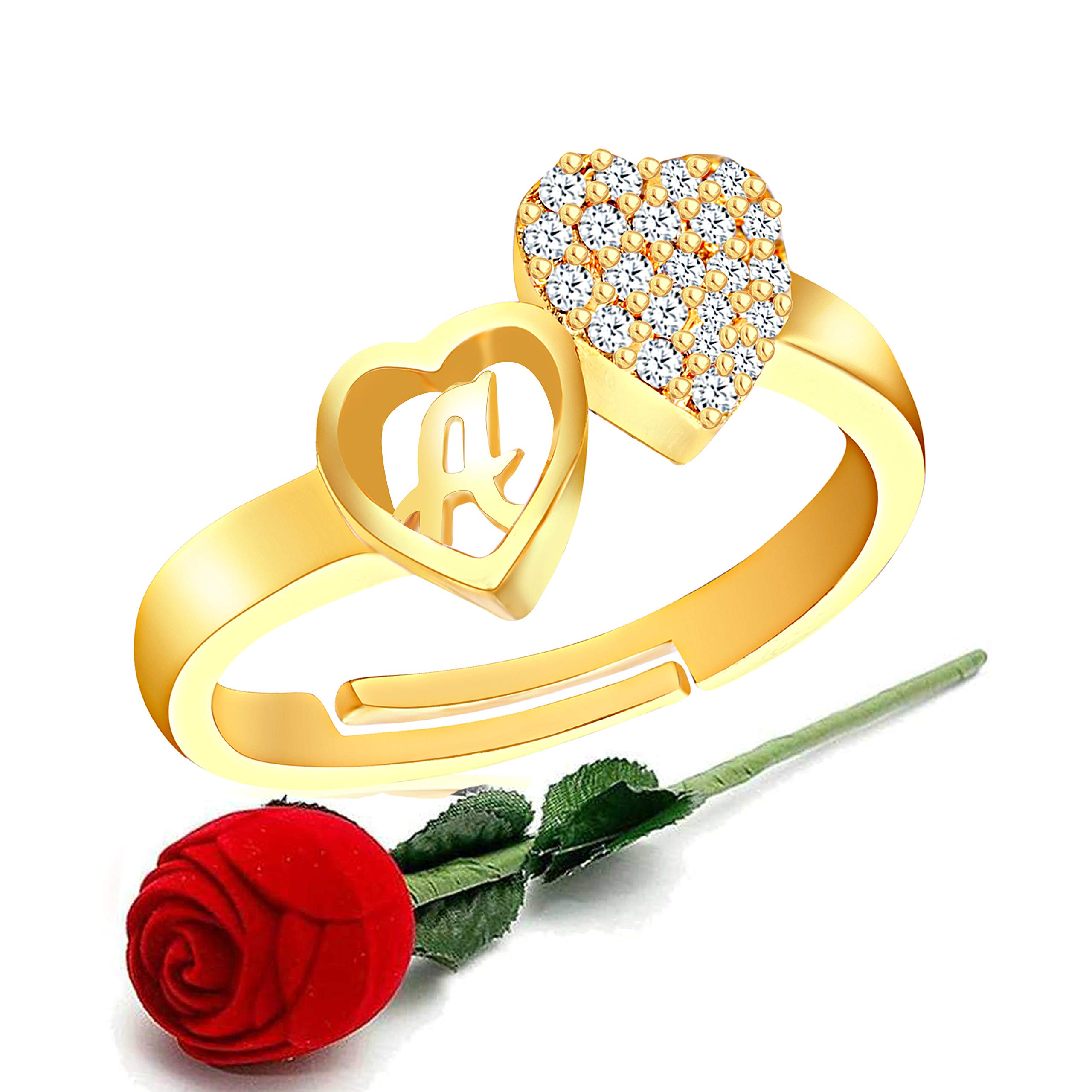 MEENAZCZ AD Valentine American diamond Gold Plated Adjustable I Love You Heart Initial Letter Name Alphabet Love A Finger Rings for women girls girlfriend couples lovers Stylish Red Ring ROSE BOX SET