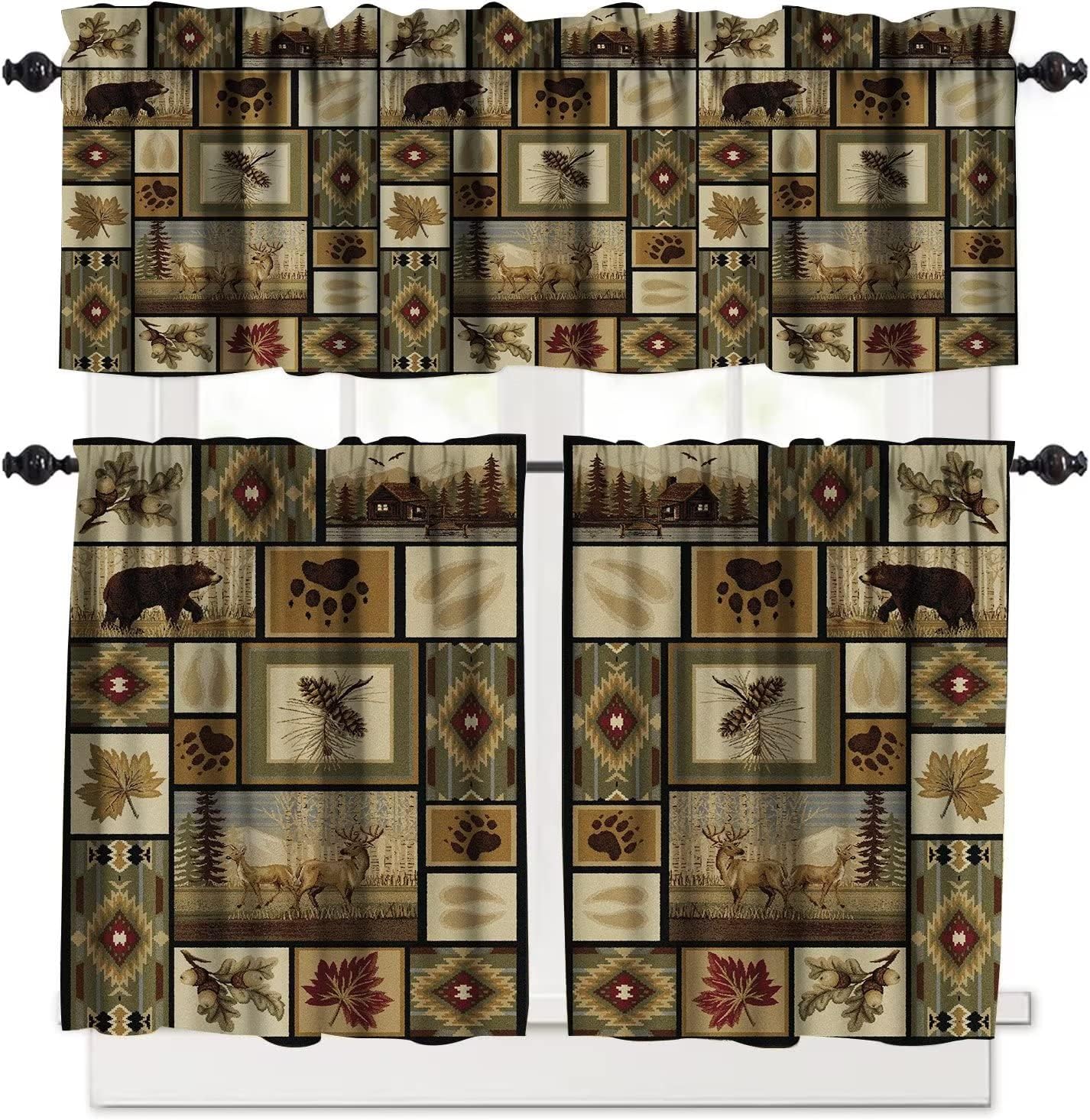 Rustic Kitchen Valances for Windows,Retro Farmhouse Vintage Country Cabin Moose Deer Bear Tree Elk Rod Pocket Curtain for Restaurant Living Room Bedroom Cafe Decor 54"x18" 1P + 27"x36" 2P