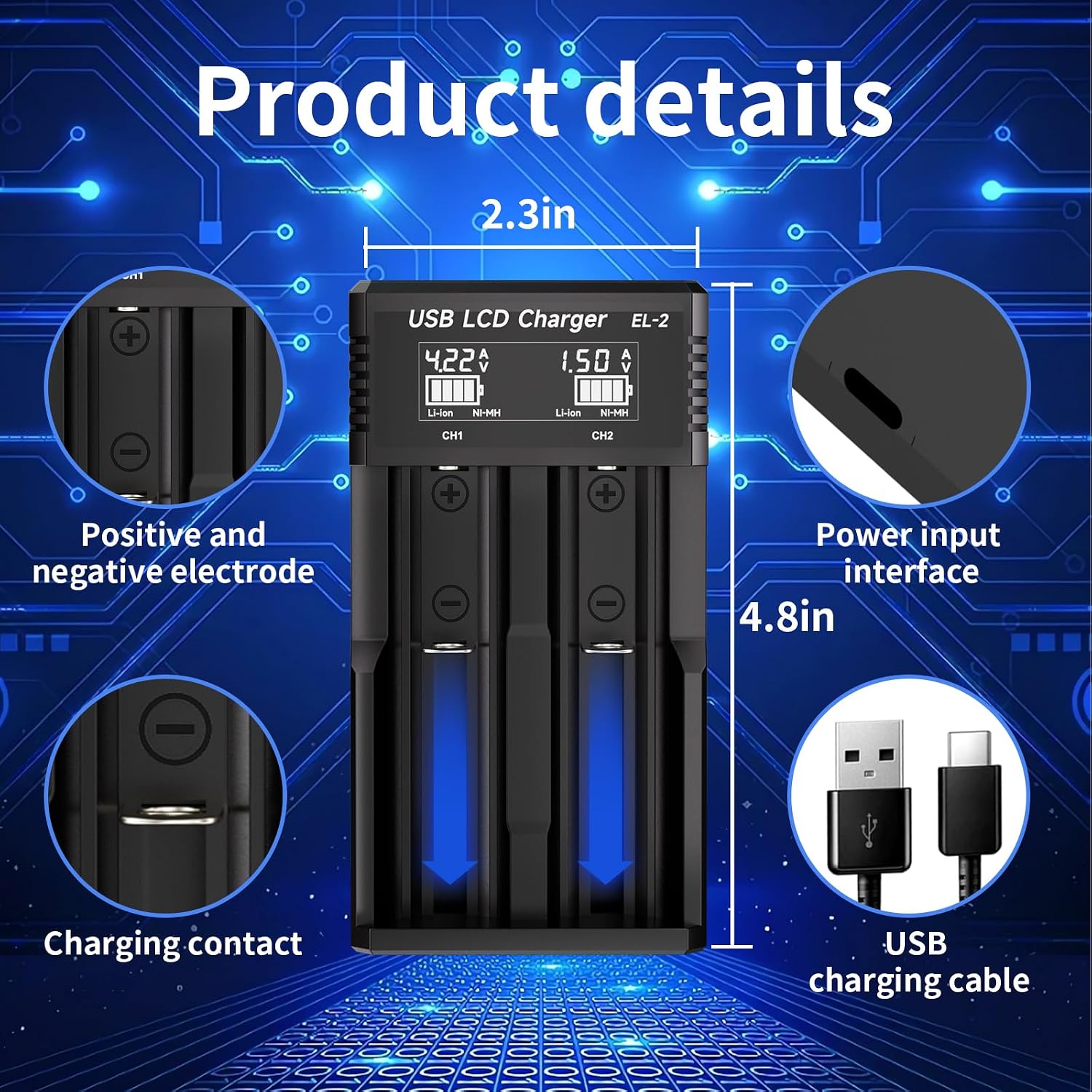 18650 Battery Charger,2 Bay LCD Display Universal Charger for 3.7V/3.6V Li-ion Batteries 26650 21700 18650 16340(RCR123) 14500 10400,1.2V Ni-MH/Ni-Cd AA AAA Batteries(Battery not Included)