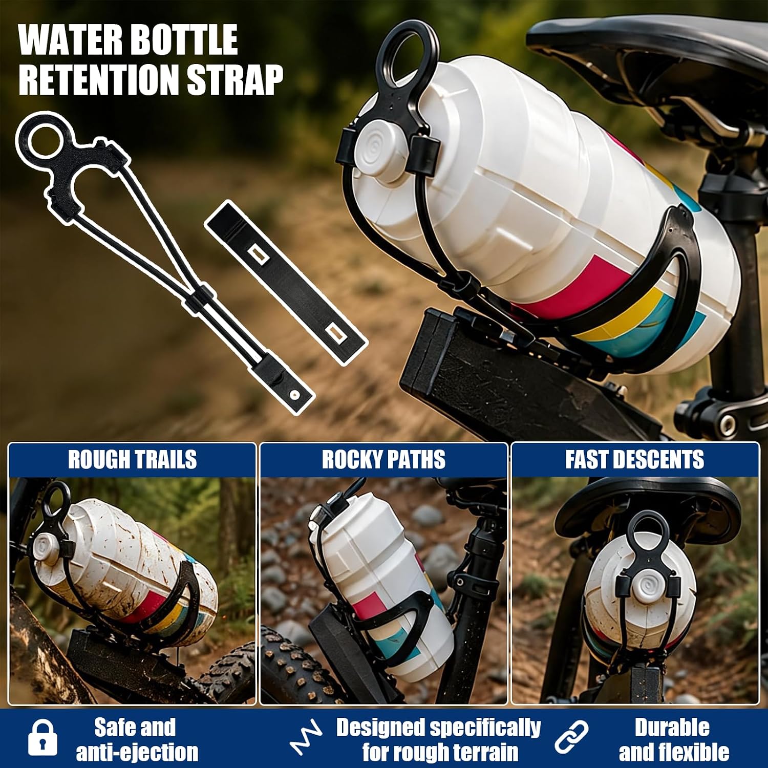 Water Bottle Retention Strap - Secure Loop to Prevent Bottle Ejection, Ideal for Rough Terrain & Behind-Saddle Cages, Compatible with Most Bike Bottle Holders & Cages image 2