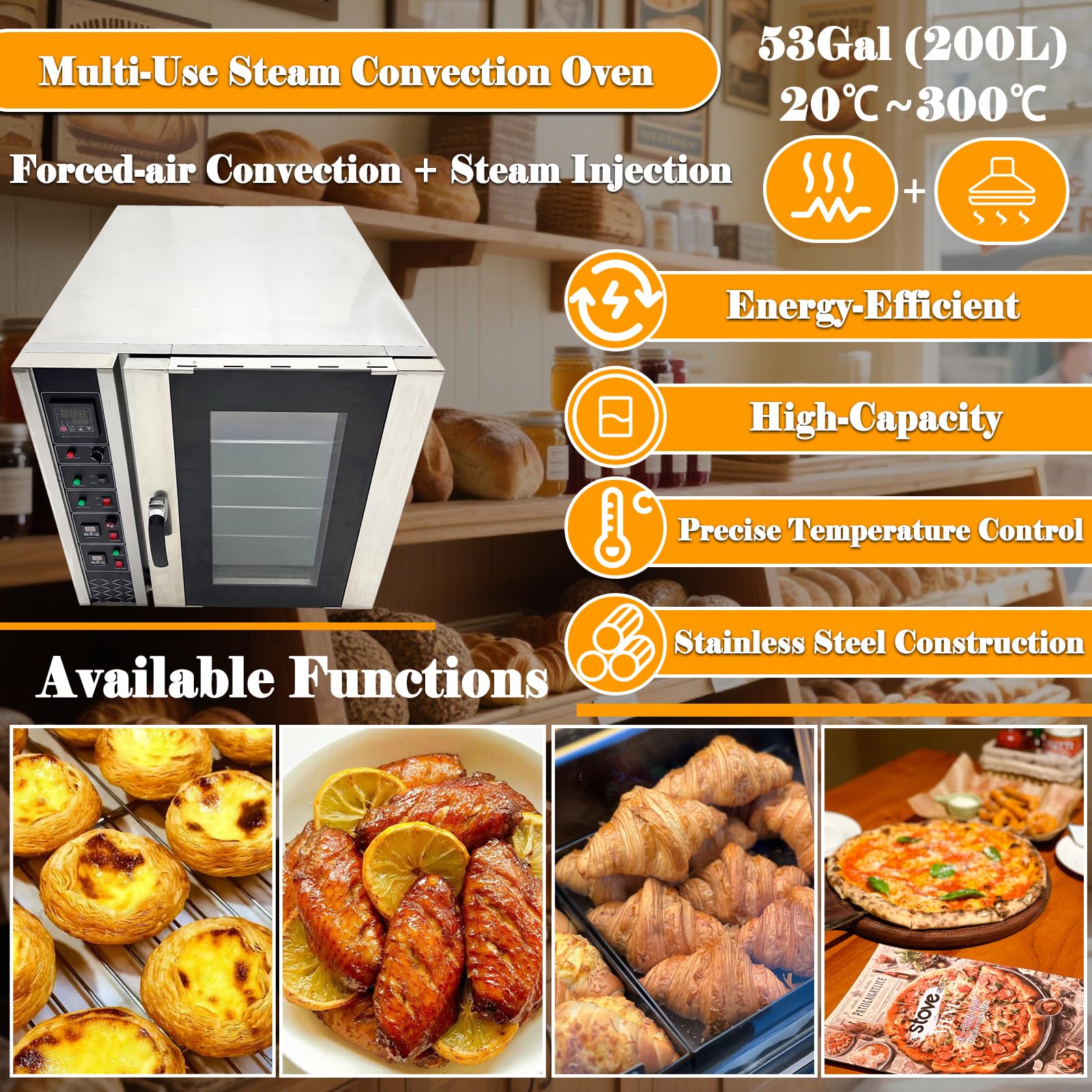 EQCOTWEA Commercial Convection Oven 5 Trays Stainless Steel Electric Hot Air Circulation Steam Oven with Precise Temp Control, 200L/53Gal Capacity for Bakeries, Restaurants, Hotels 220V 3PH