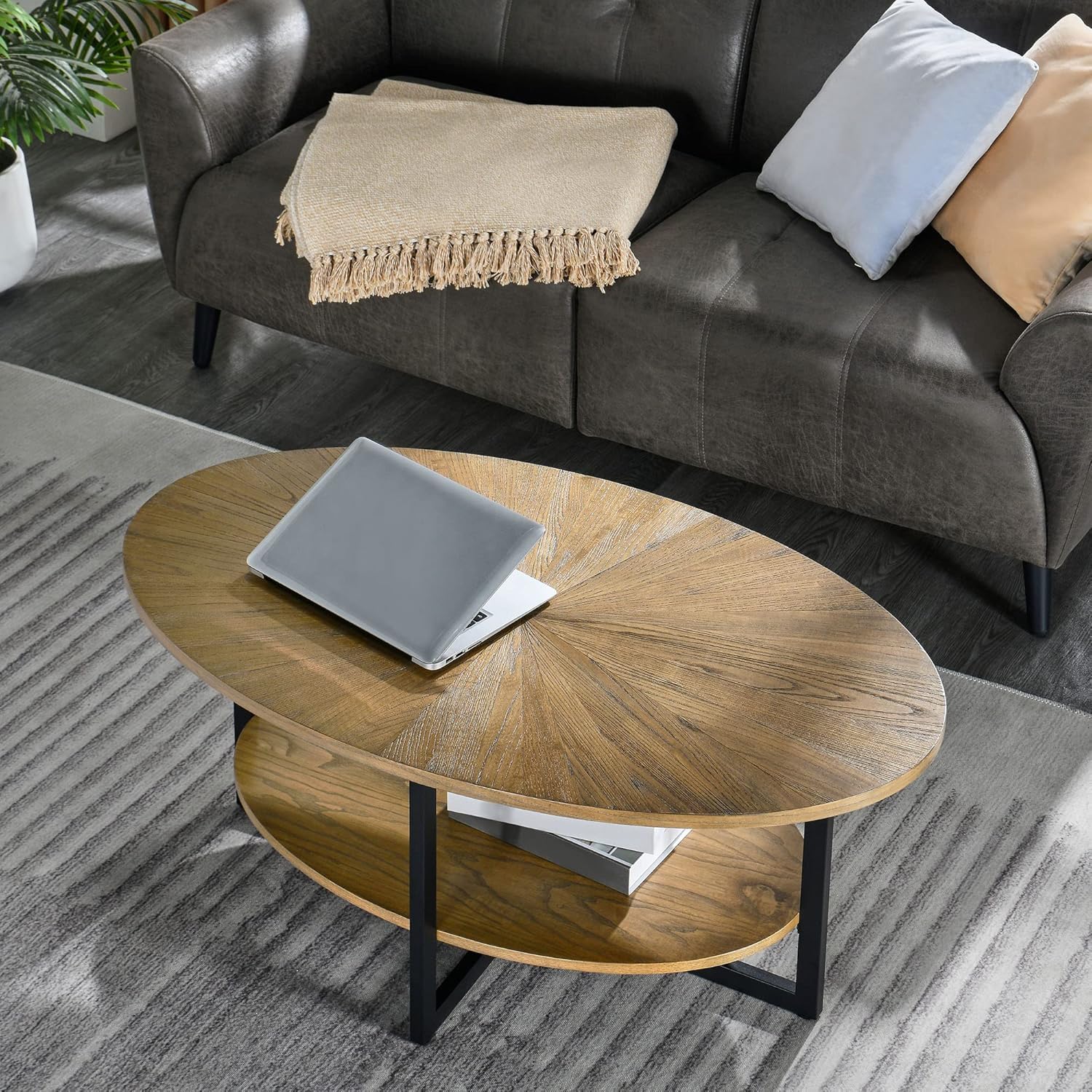 PADMA HOUSE Couchtisch Oval Holz mit Tablett, 110 * 66 Modern wohnzimmertisch mit Kreuz Metall Beine, Kaffeetisch für Wohnzimmer Schlafzimmer