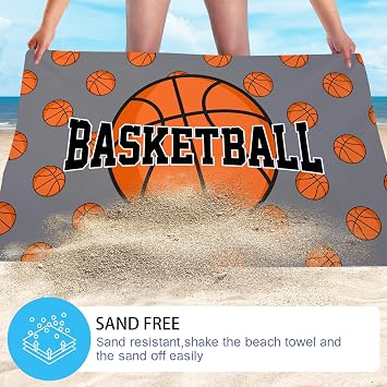 WZOMT Basketball Beach Towel for Boys, Microfiber Basketball Towel for Beach Pool Swim Bathroom, Quick Dry Sand-Free Funny Basketballs on Grey Sports Balls Bath Towels, Oversized 32x52 Inch