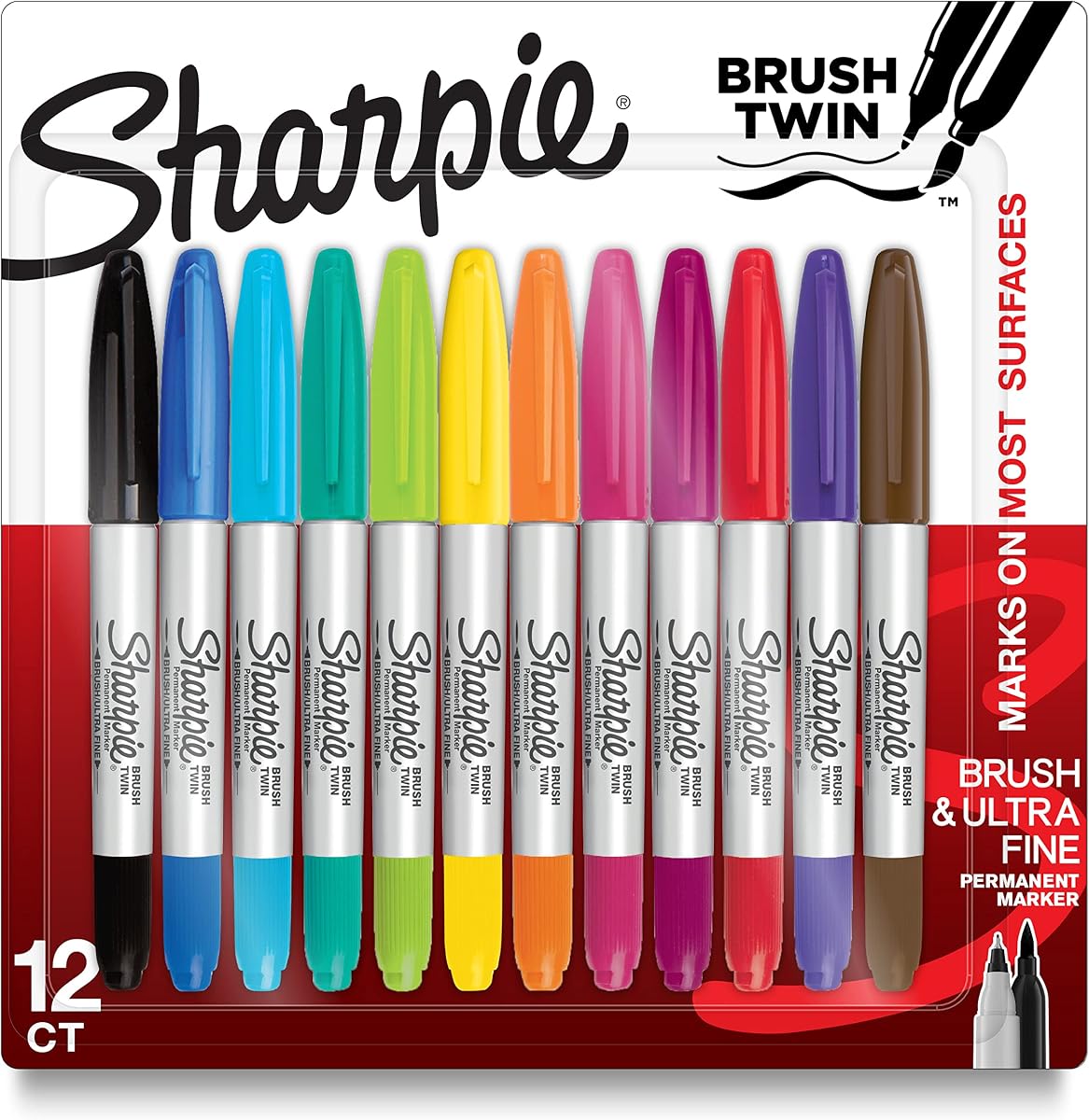 Marcadores permanentes Sharpie Brush Twin, pincel y puntas ultrafinas, colores surtidos, 12 unidades - Artes y manualidades, suministros de oficina