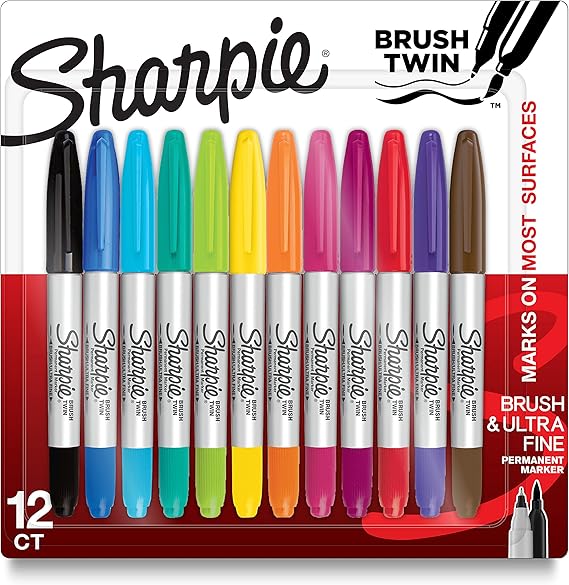 SHARPIE Brush Twin Permanent Markers, Brush Tip Marker and Ultra Fine Tip Marker, Assorted, 12