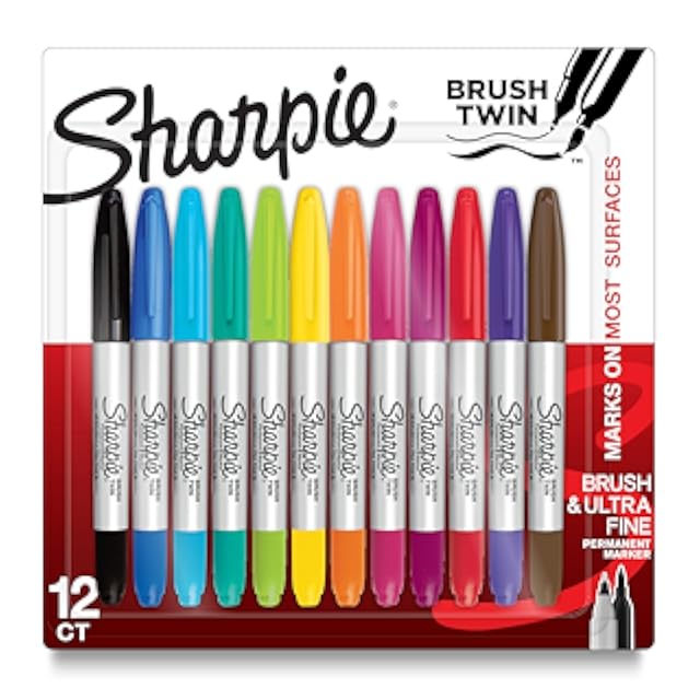Sharpie Brush Twin Permanent Markers Brush Tip Marker and Ultra Fine Tip Marker Assorted 12 Count