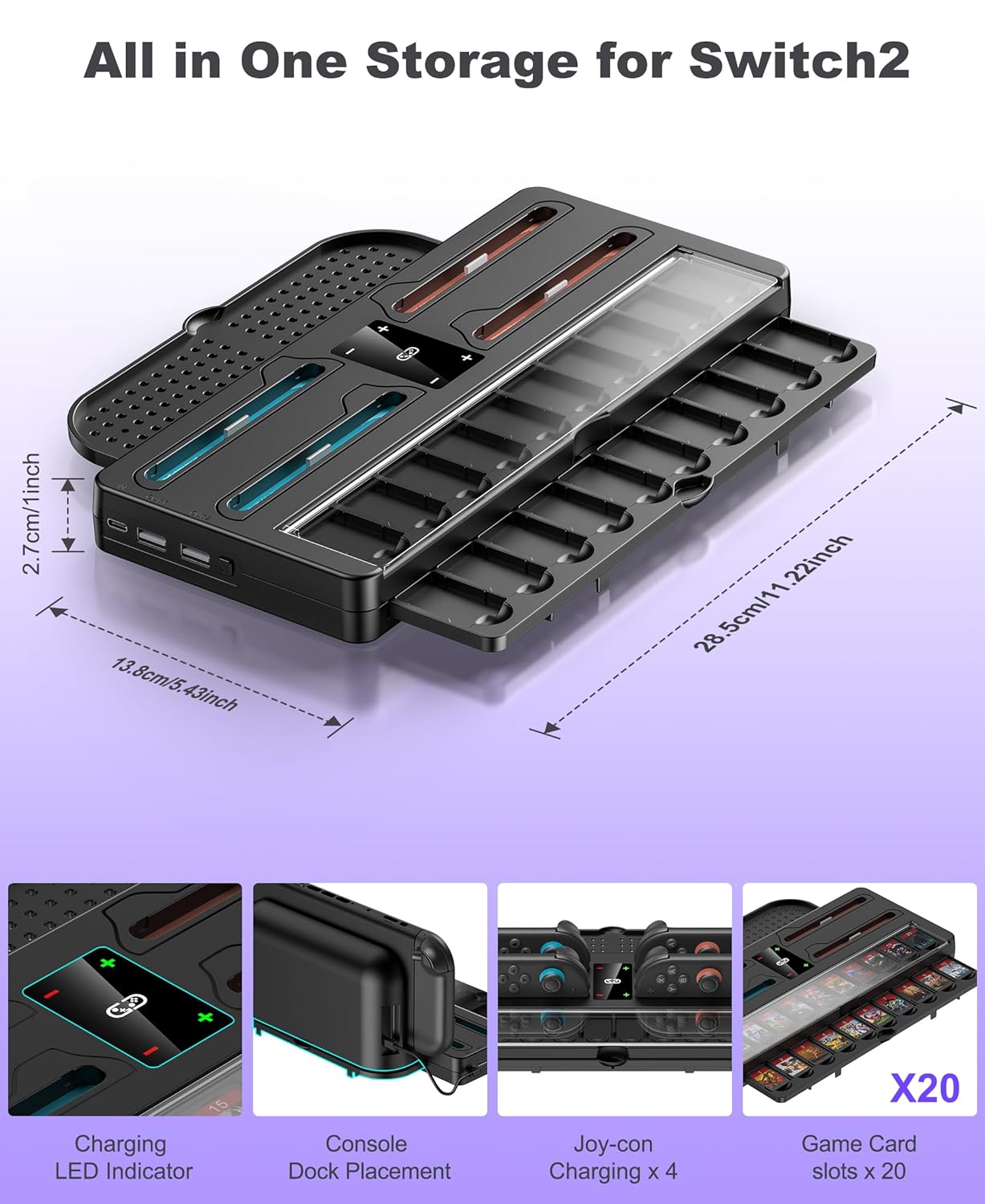 Switch 2 Game Organizer & Charging Station – Charges 4 Joy Cons & Stores 20 Game Cards | Joy-Cons Controller Charging Dock with Sync USB | Compatible Only with Nintendo Switch 2 (2025) - Image 2