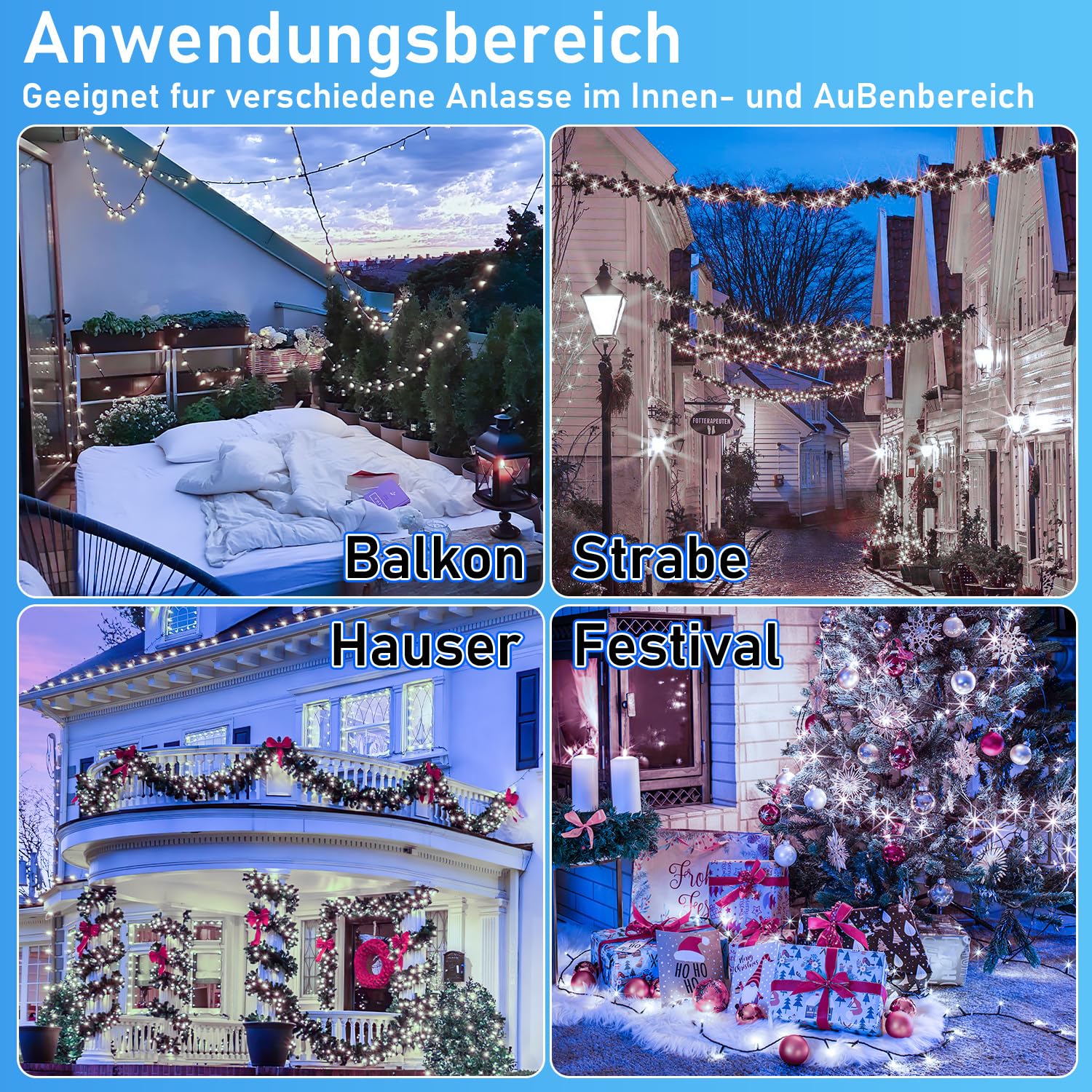 Fiqops LED Lichterkette Außen 200M 1000LEDs 8 Modi, Lichterketten IP44 wasserdicht mit Memory Funktion für Party Hochzeit Garten Balkon Weihnachten, Kaltes Weiß, Dunkelgrüner Draht