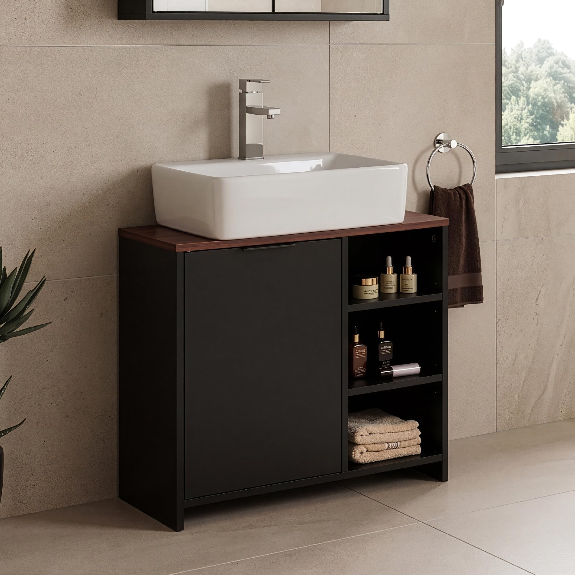 [en.casa] Mobile Sottolavabo da Terra con Anta Armadio da Bagno Sotto Lavandino con Scomparto Chiuso Ritaglio Sifone e 3 Ripiani Vani Aperti Lavanderia 60 x 66 x 30 cm - Nero/Effetto Noce