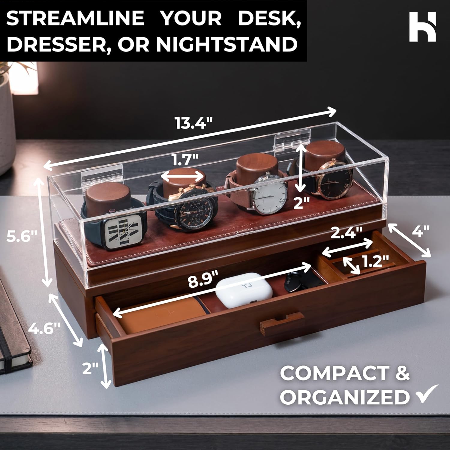 Holme & Hadfield Premium 4-Slot Wooden Watch Display Case – Handcrafted Men’s Watch Box with Accessory Drawer, Hinged Cover, Leather Lining – Christmas Gift for Collectors – Luxury Built to Last