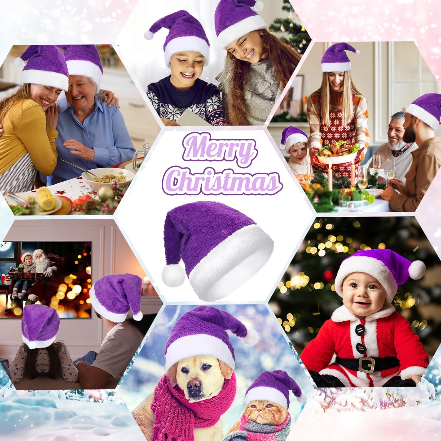 Suhine 10 Pcs Santa Hat Christmas Plush Hat Large Traditional Holiday Claus Cap with Comfort Liner for Adults Xmas