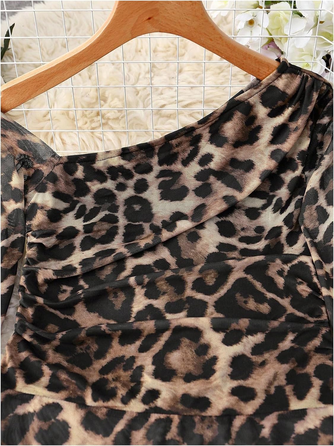 GORGLITTER Women's Mesh Cheetah Leopard Print One Shoulder Tops Bodysuit Asymmetrical Neck Long Sleeve High Cut Leotard